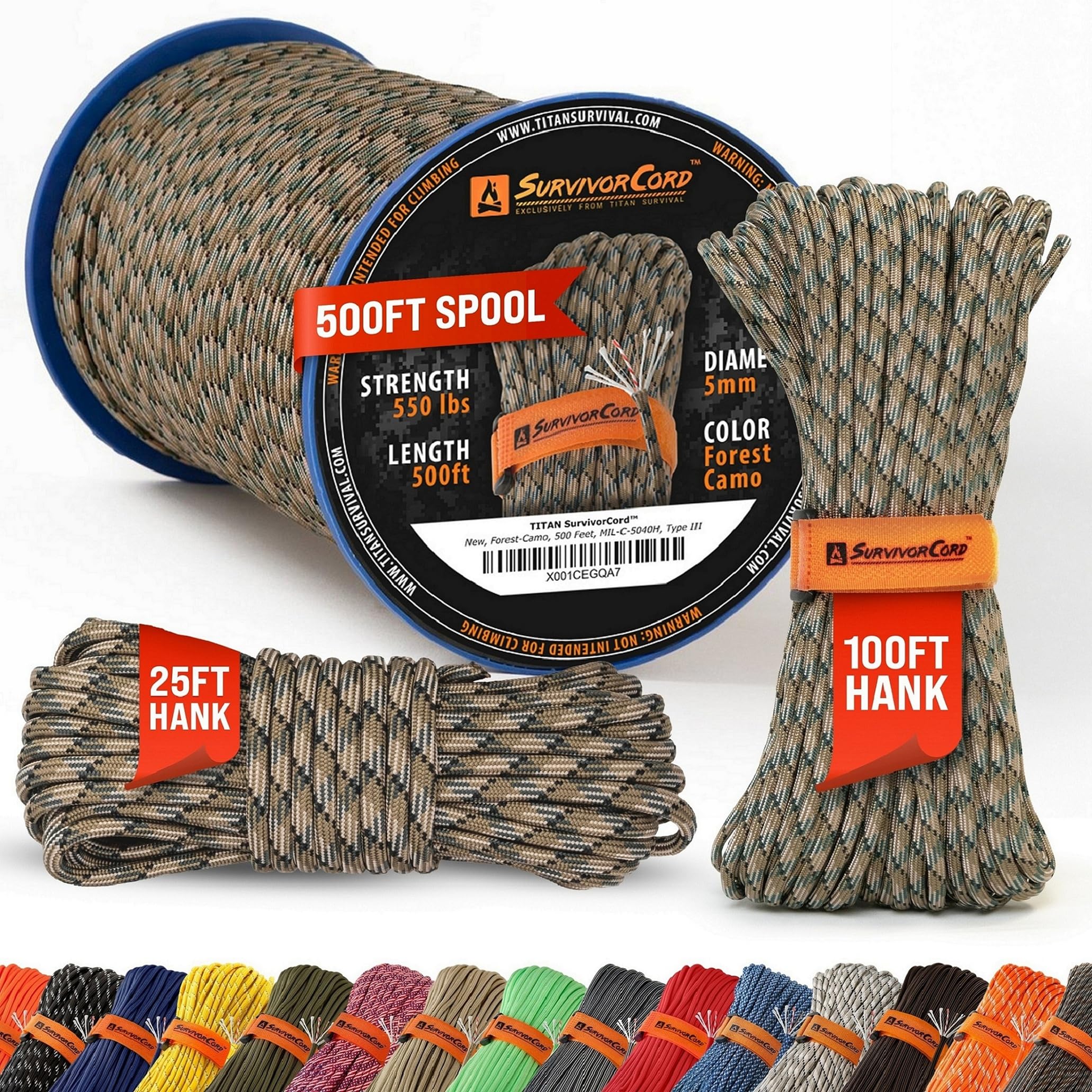 TITAN SurvivorCord Parachute Cord Military 550 Paracord Fishing Line Waxed Jute Conductive Wire. Exclusive Patent-Pending Design. Includes FREE Paracord Project eBooks. Forest Camo