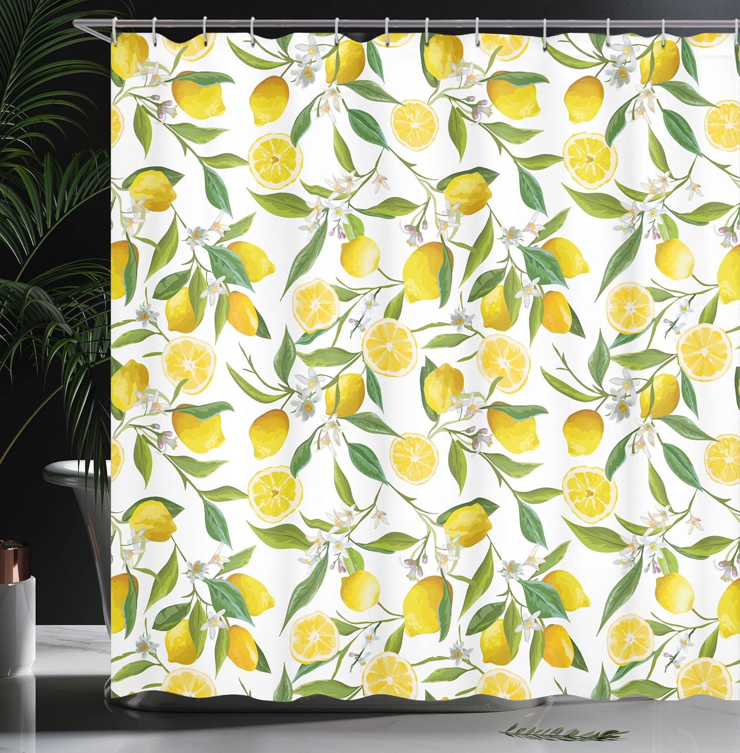Ambesonne Nature Shower Curtain, Exotic Lemon Tree Branches Yummy Delicious Kitchen Gardening Design, Cloth Fabric Bathroom Decor Set with Hooks, 69" W x 84" L, Fern Green Yellow White