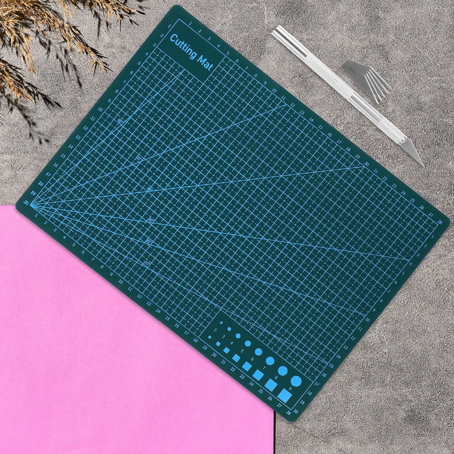A4 Double-sided Cutting Mat Board with Non-slip Surface and Pvc Material Green Craft Cutting Mat for Paper Sewing Quilting and Engraving Art Includes Silver Craft Knife with 5