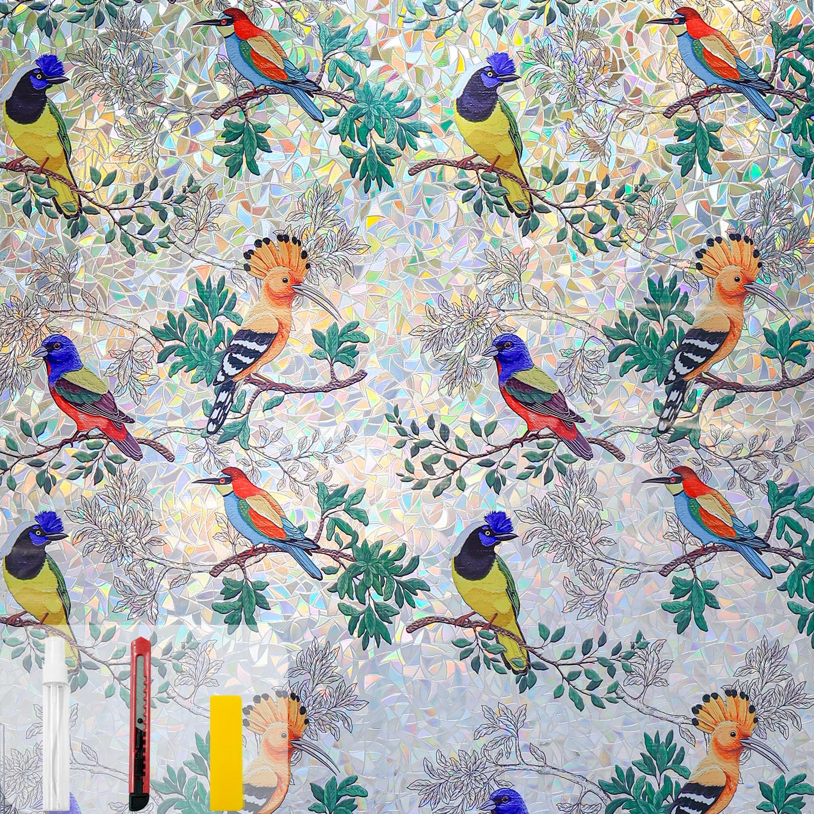 COUNTEWOL Colorful Bird and Floral Window Privacy Film Stained Glass Window Film Rainbow Window clings Non-Adhesive Reusable Decorative for Room (Colorful Birds, 45.2 x157.4 iin)