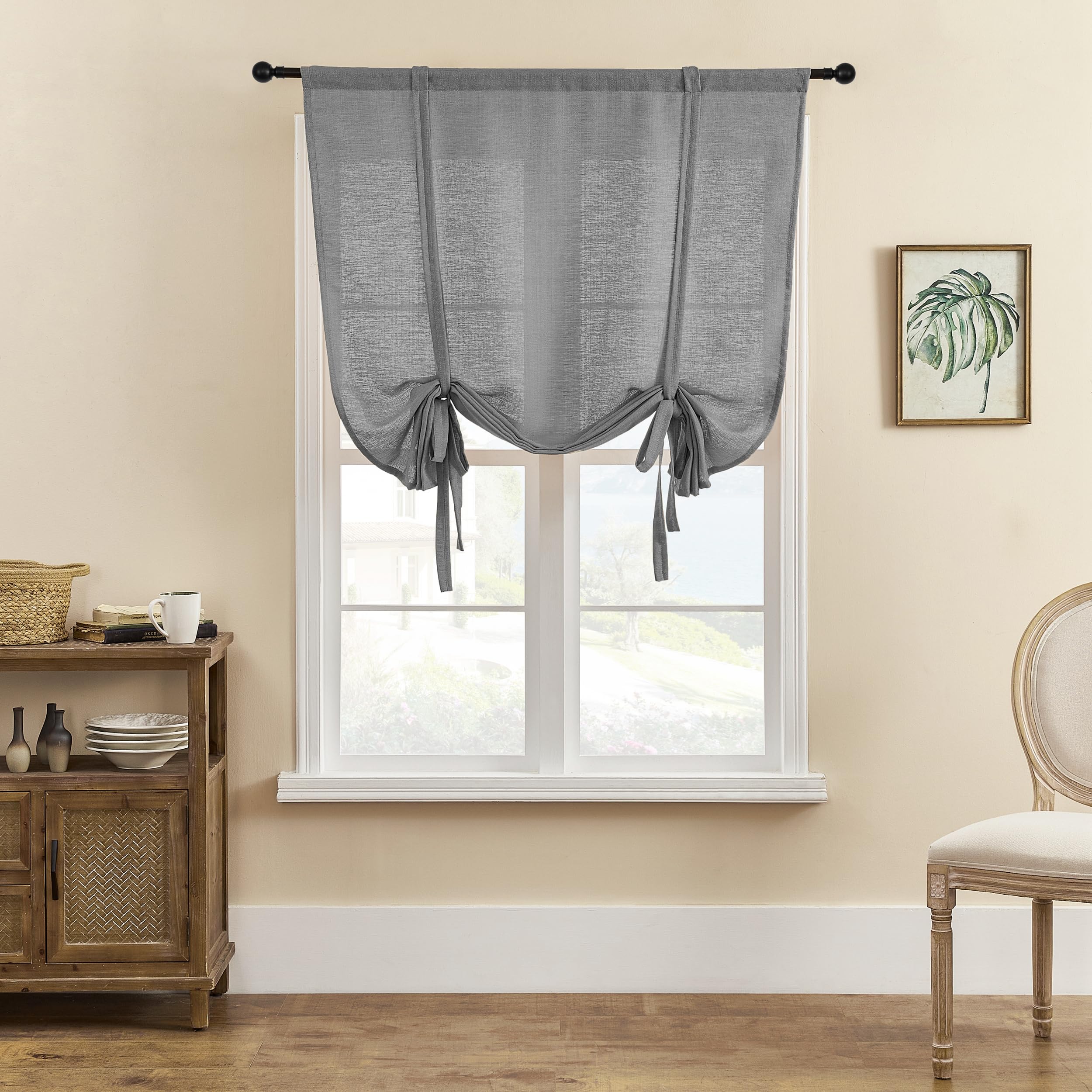 SIMPVALE 1 Piece Roman Blinds Tulle Tie Up Sheer Curtains with Rod Pocket Translucent Voile Curtain for Living Room Bedroom Balcony Kitchen Bathroom, Gray, 140x140cm