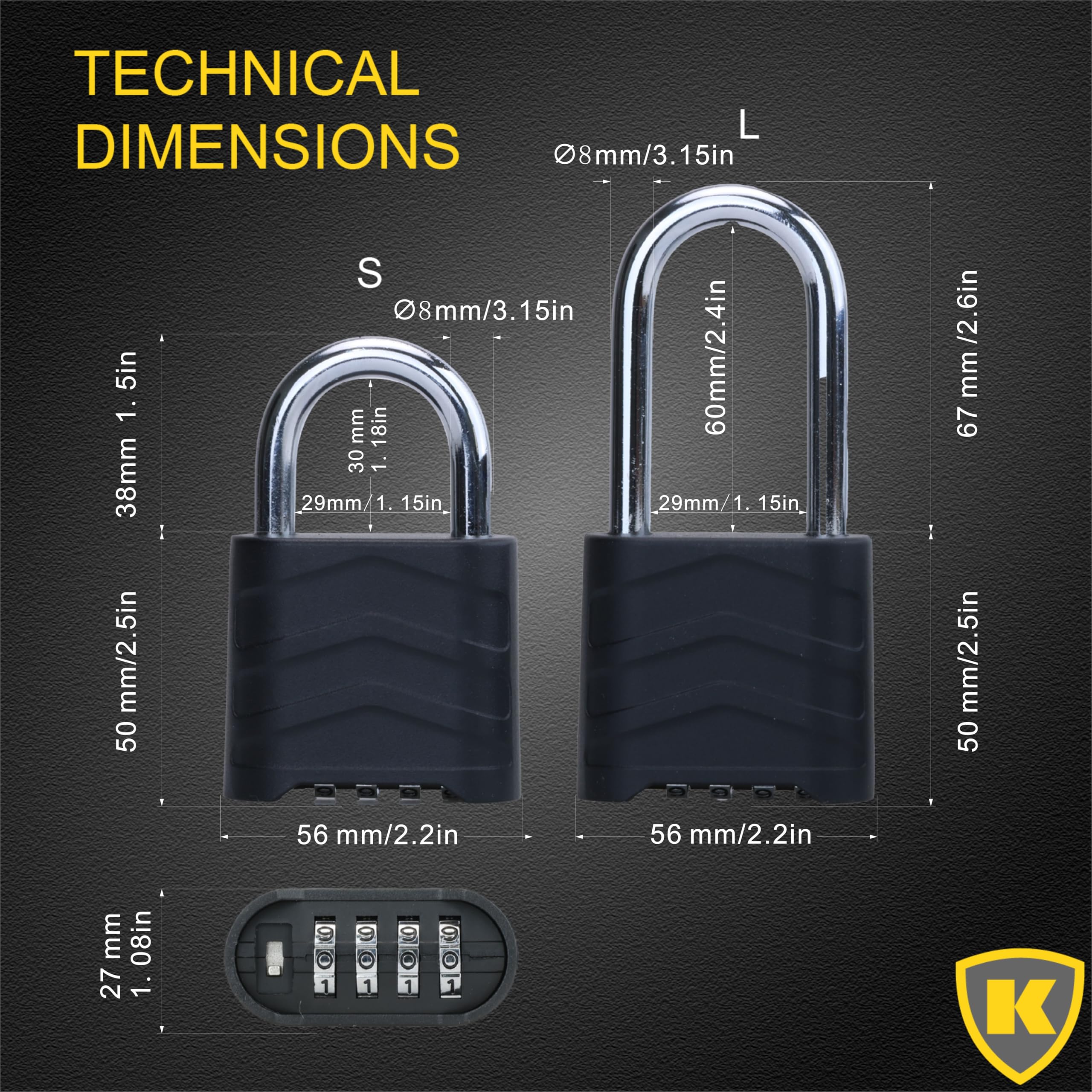 Candado de combinación, candado combinado para exteriores, 55 mm, resistente a la intemperie, reconfigurable, 4 digitales, cuerpo de aluminio de seguridad (paquete de 2, negro, corto)