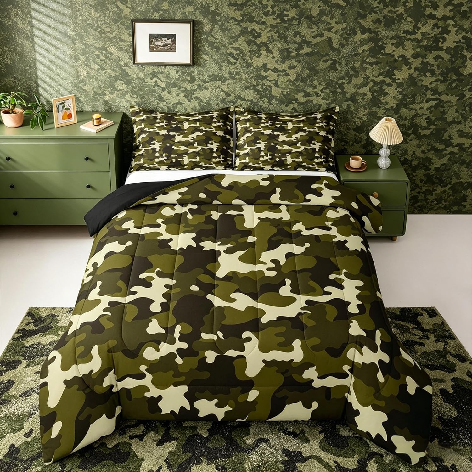 Feelyou Camouflage Pattern Bedding Set Soft for Boys Girls, Military Green Comforter Set Twin Size Camo Print Duvet Quilt Microfiber Tactical Style Bedroom Decor Earth Tone 2 Pcs with 1 Pillow Cases