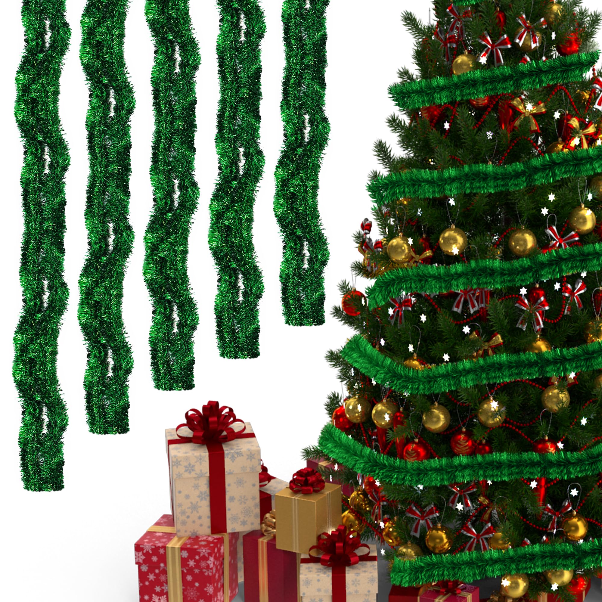 Trimming Shop 10M Green Chunky Christmas Tinsel Garland Shiny Metallic