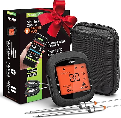NutriChef Termómetro inteligente Bluetooth para barbacoa con funda de viaje con cremallera, acero inoxidable mejorado con 2 sondas de temperatura,