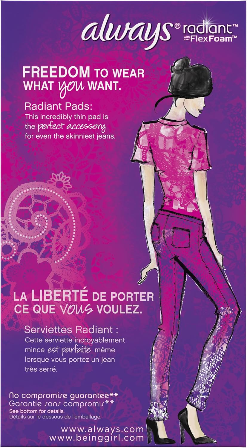 Always Radiant Infinity Feminine Pads with Wings, Regular Absorbency, Scented, 32 Count