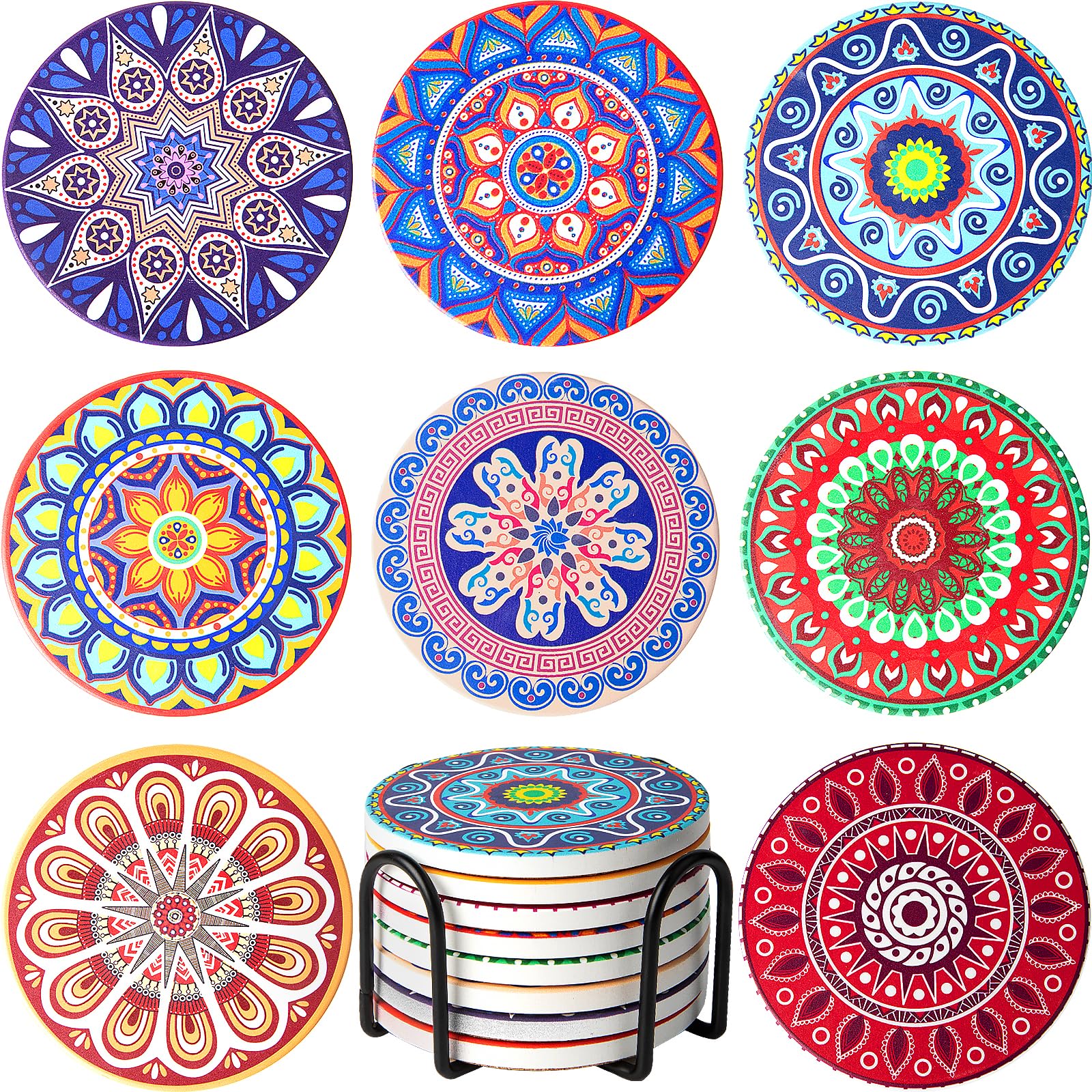 Drink Coasters with Holder Set of 8 Ceramic Boho Mandala Coasters for Drinks Absorbent Stone with Cork Base Colorful Decor for Coffee Beer Mugs Glasses Cups Housewarming Table Desk Protection