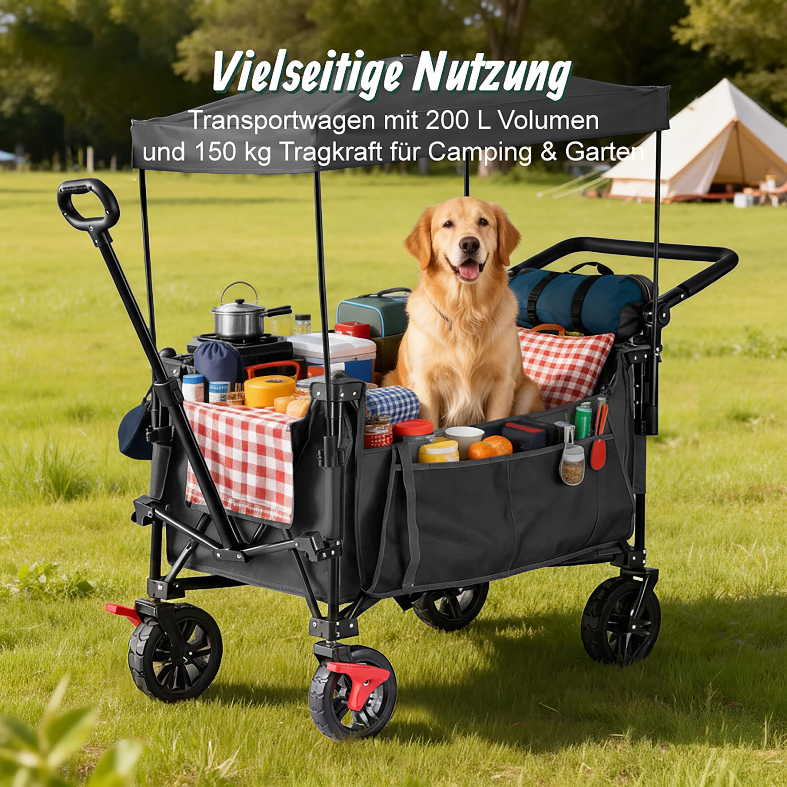 Relaxdays Bollerwagen, faltbar, 150 kg, Dach, Teleskop- & Schiebegriff, Gummireifen mit Bremse, Transportwagen, grau