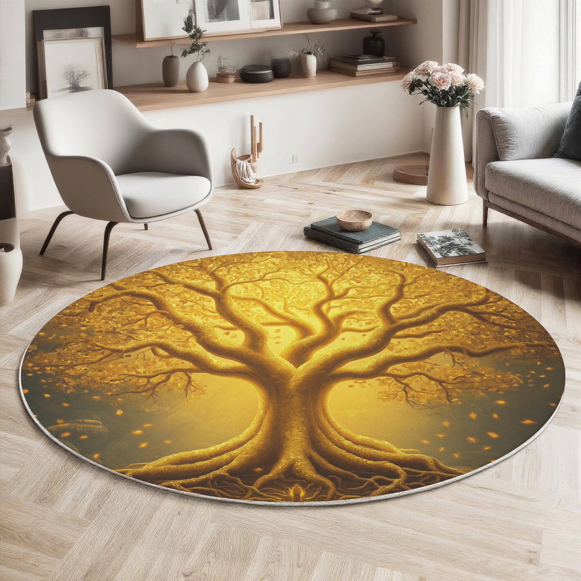 Tapis rond 120cm Arbre Radieux antidérapant et lavable pour cuisine