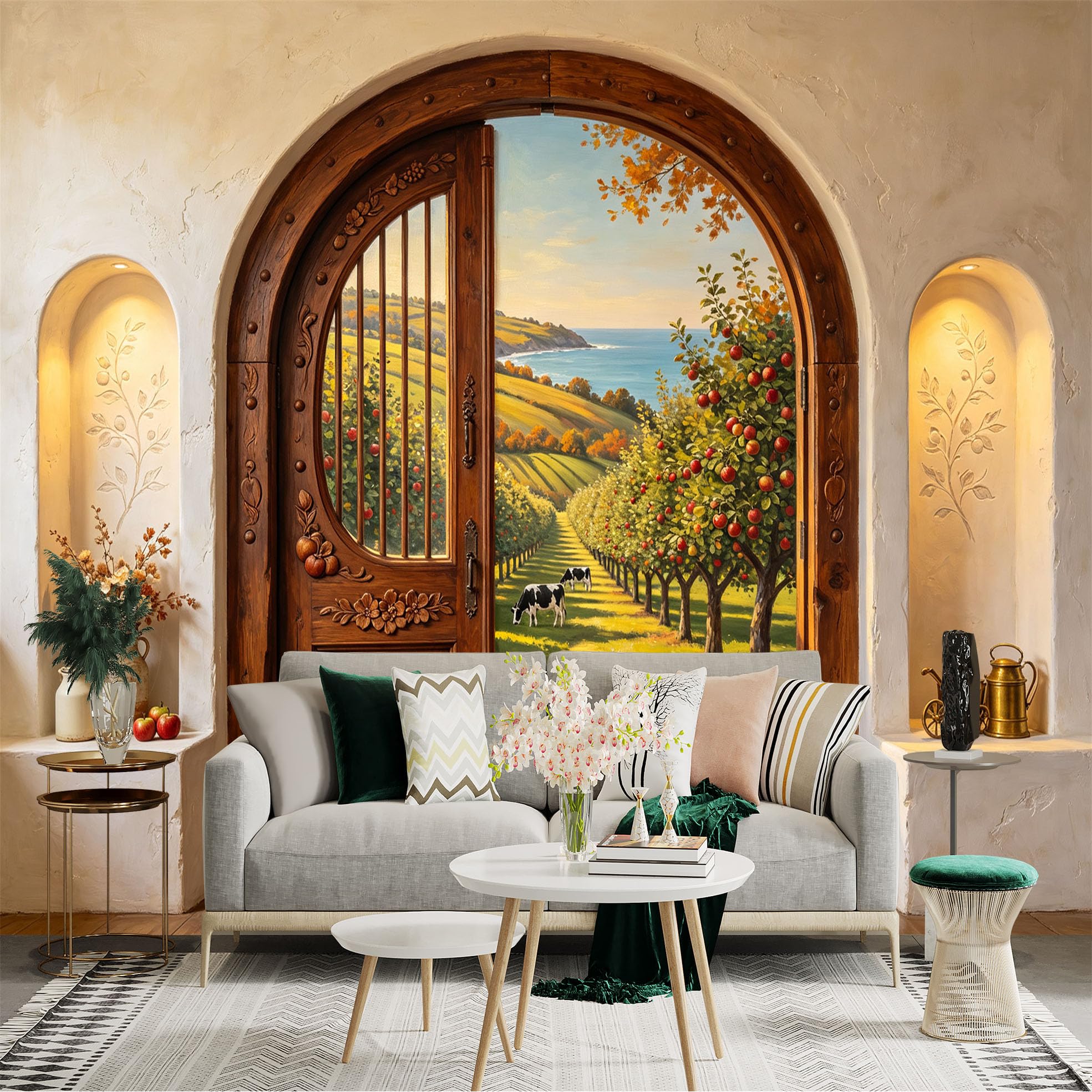 Custom Size Wall Sticker Mural， Rustic Wooden Door， Orchard Landscape， Countryside Path， Coastal View， for wall Decoration， peelandstick wall Decals.