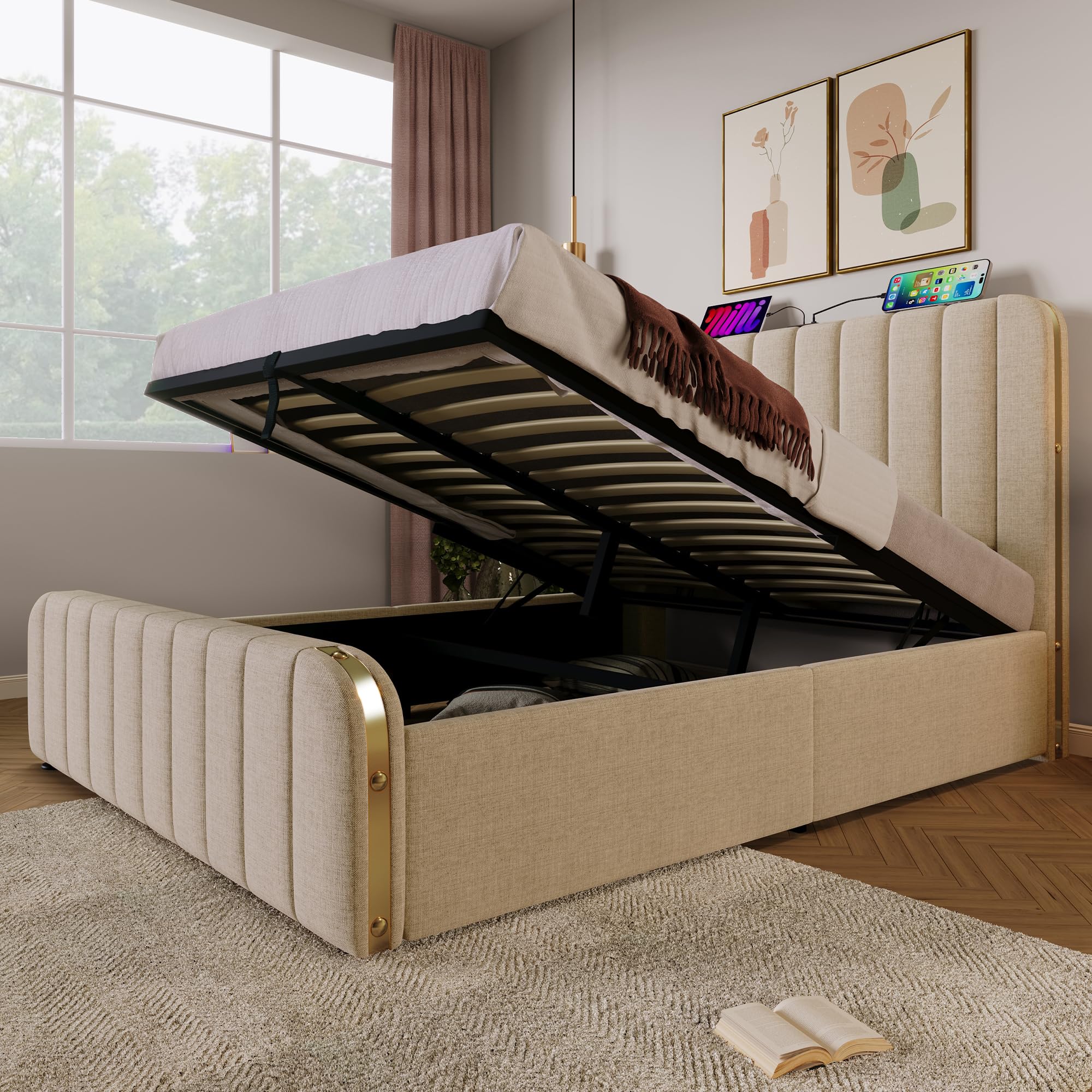 Goeria Cama tapizada, cabecero acolchado doble con rayas decorativas doradas y función de carga USB tipo C, material de lino beige hidráulico (140 x 200 cm sin colchón)