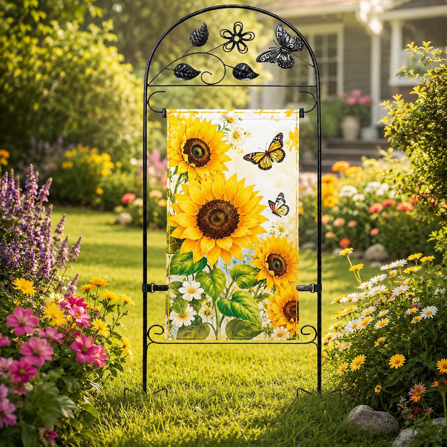 AceList Garden Flag Holder Stand, Wrought Iron 8-Prong, for 12x18 image 3