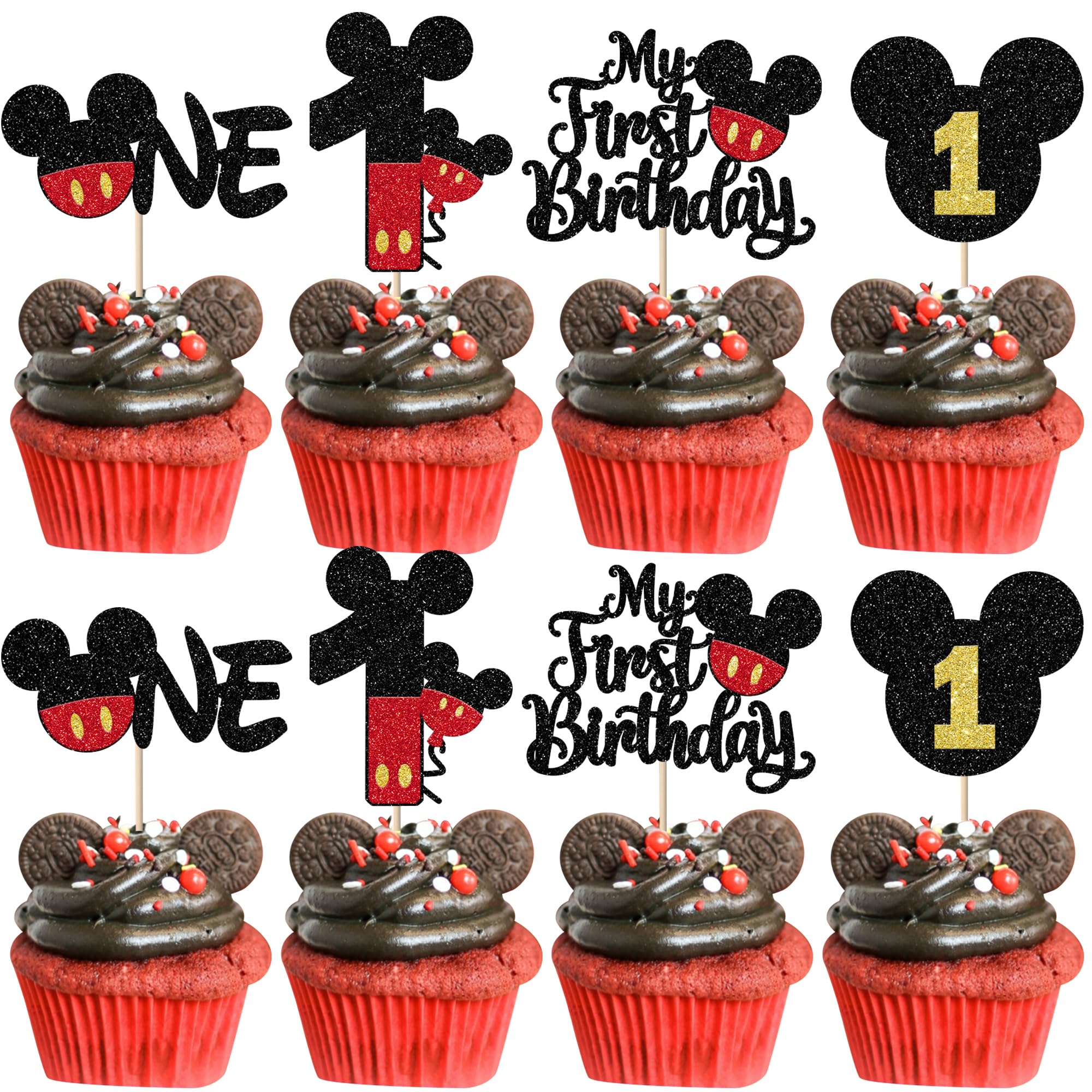 Xsstarmi 24 Pack My 1st Birthday Mouse Inspired Cupcake Toppers, Black and Red Mini One Cupcake Picks Decorations for Baby Shower Kids First Birthday Party Cake Decorations