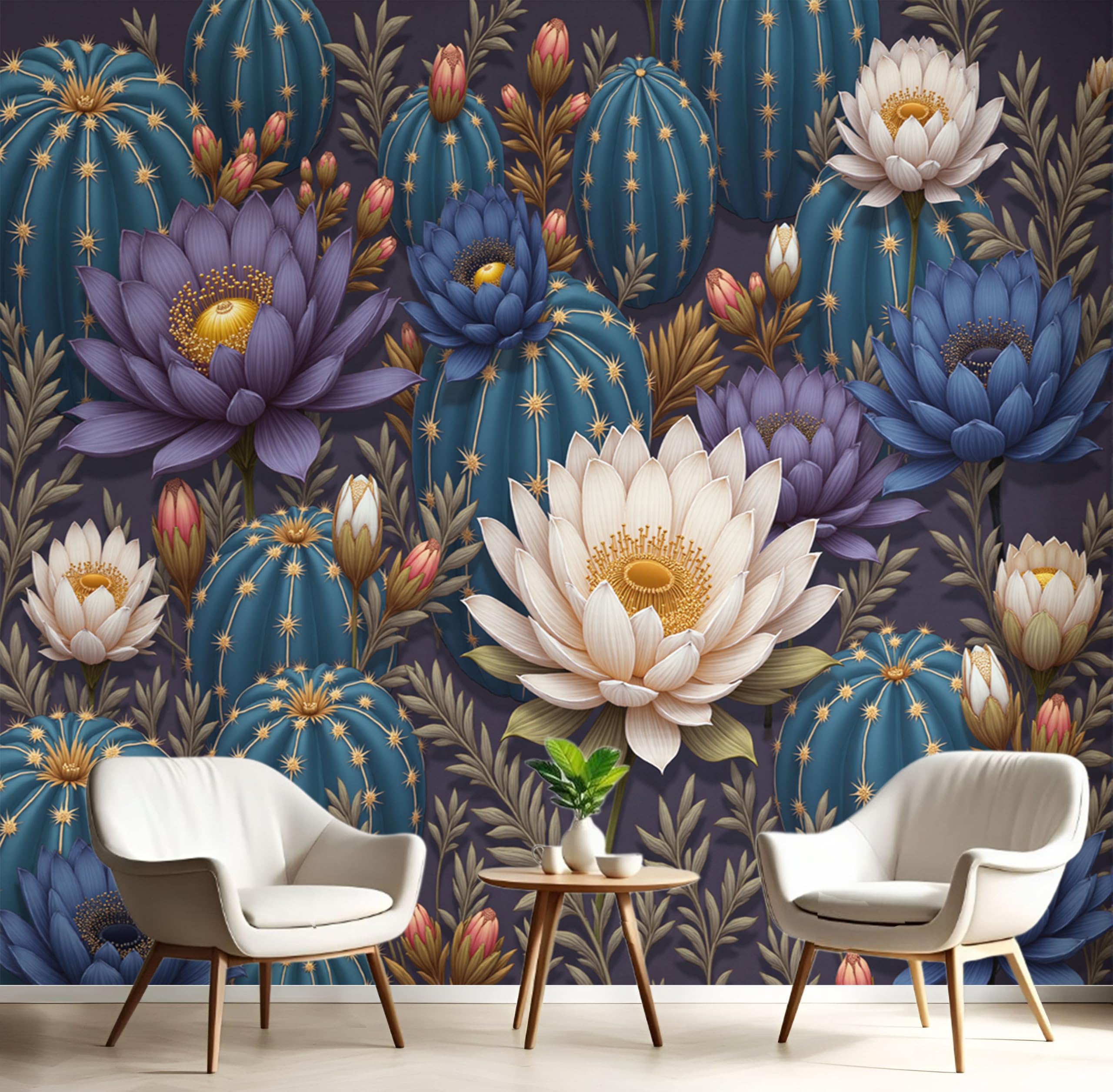 Papier peint mural cactus bleu marine pour créer un fond de canapé évasion dans le salon