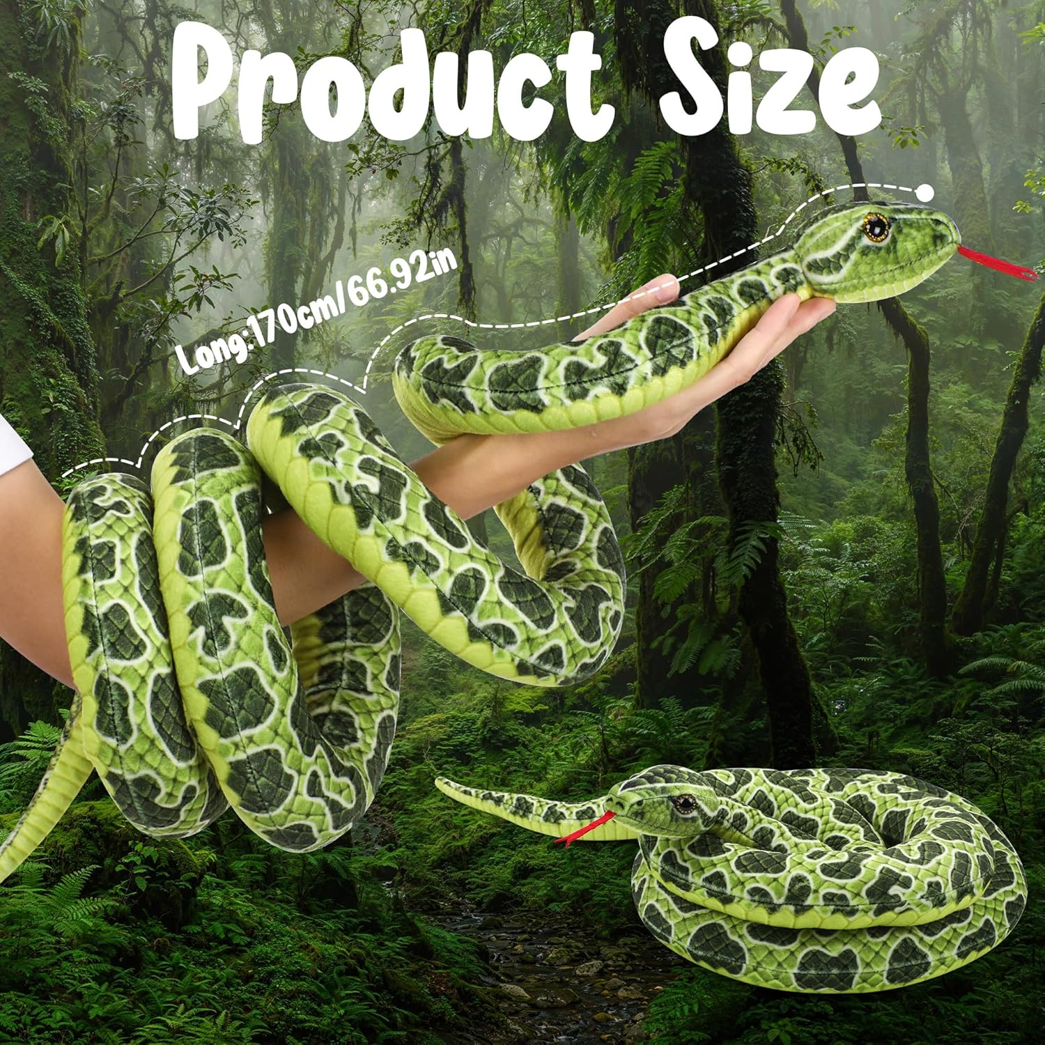 Romart Realistic Snake Stuffed Animal Plush: 67-inch Large Lifelike Snake Plush Toy Long Giant Stuffed Animals Snake Plushie Gifts for Kids Boys Girls, Home and Wild Animals Party Decor (Green)
