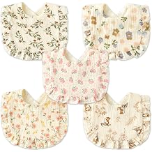 Zainpe 5Pcs Snap Muslin Cotton Baby Drooling Bibs with Flounce Lace Absorbent Layers Soft Burp Cloths for Infant