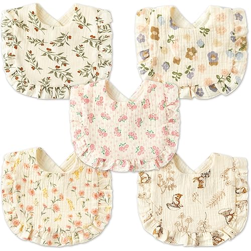 Zainpe 5Pcs Snap Muslin Cotton Baby Drooling Bibs with Flounce Lace Absorbent Layers Soft Burp Cloths for Infant