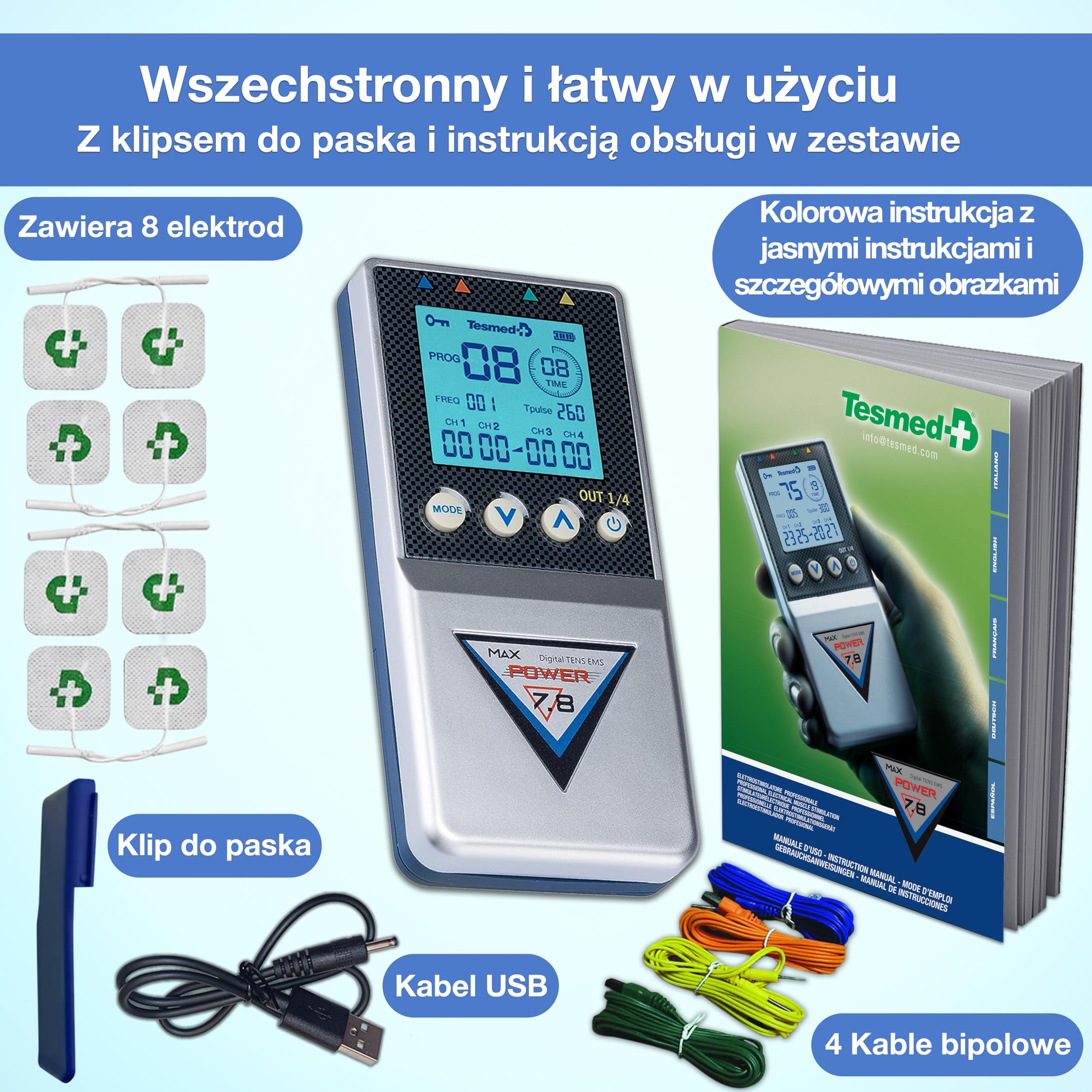 TESMED Max 7.8 TENS, EMS & Massage elektrostymulator, 4 kanały | Z 8 elektrodami do budowy mięśni i elektrostymulacji.