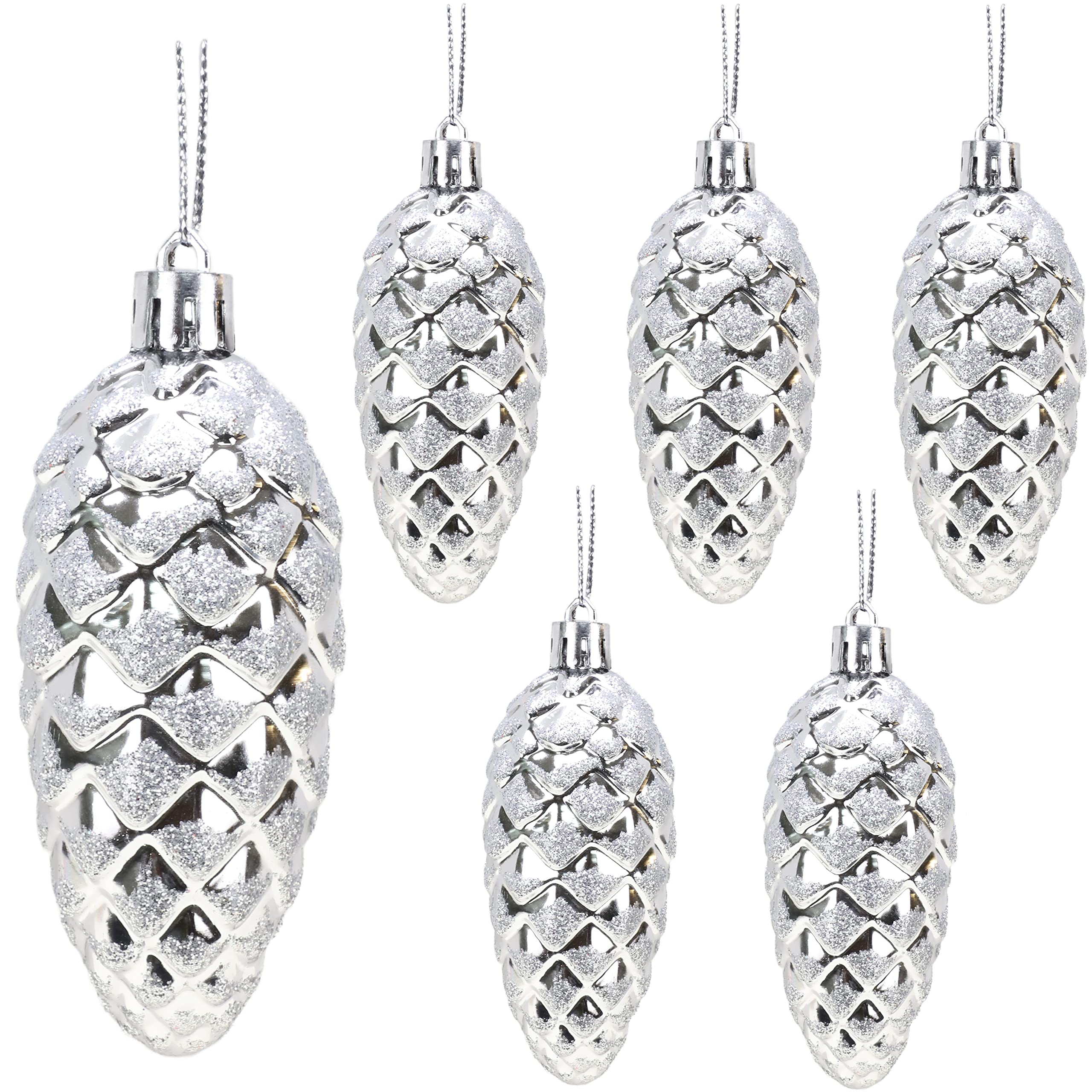Christmas Concepts Silver Christmas Concepts® Pack Of 6-90Mm Pine Cone Baubles – Shiny And Glitter Decorated – Luxury Christmas Decorations (Silver)
