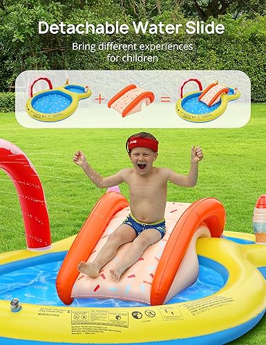 Vista 36 de EVAJOY - Centro de juegos inflable, piscina infantil con tobogán para niños, aspersor, tema de hielo y nieve con muñecas inflables, fácil