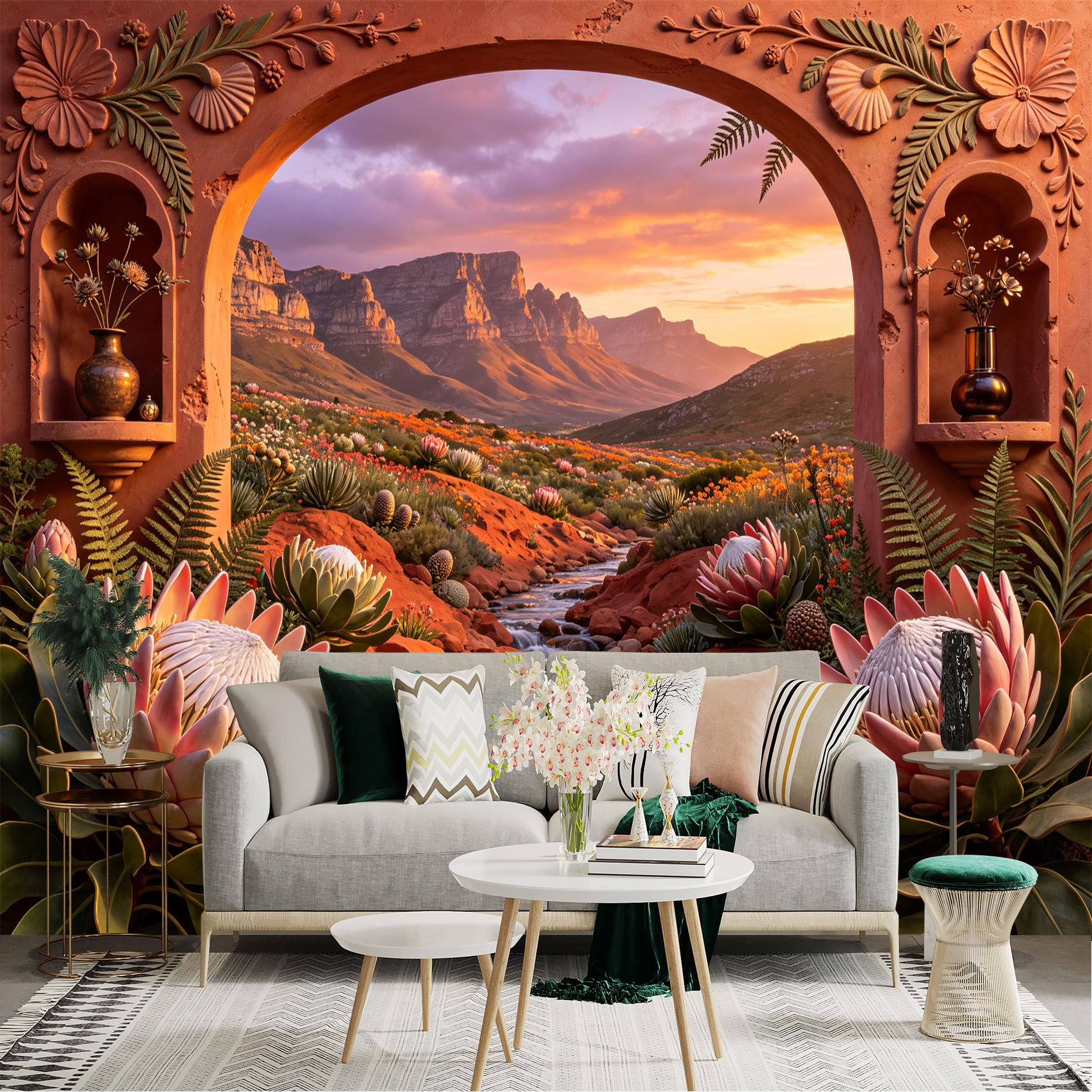 Lnzczhyre Bh260719217 Custom Size Wall Sticker Mural， Archway View With Protea Flowers， Mountain Landscape， River Scenery， For Wall Decoration， Peelandstick Wall Decals.