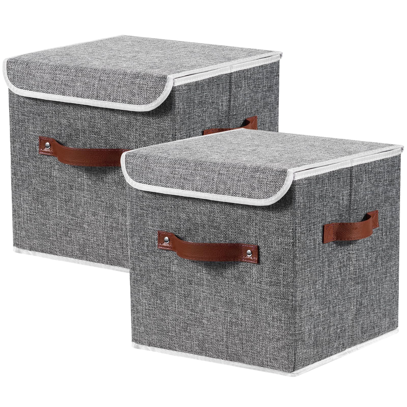 VinneGenzz 2PCS Storage Cubes with Lid Fabric Storage Bins Boxes PU Leather Handles Cotton Linen Closet Organizer Container Decorative Foldable