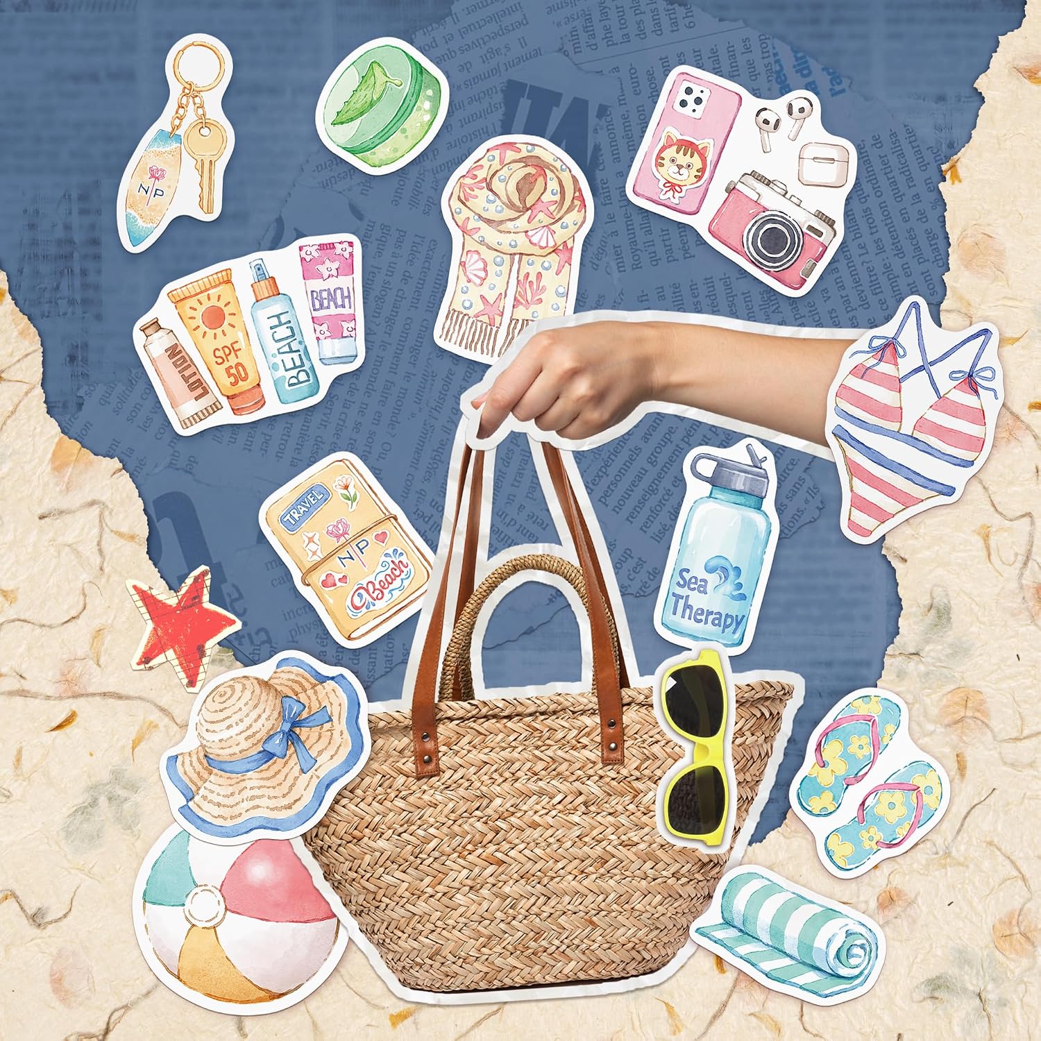 Navy Peony Beach Lifestyle Travel Stickers - Hand-Painted Watercolor Scenes and Quotes for Journals, Scrapbooks, Memory Keeping (90+ Pieces)
