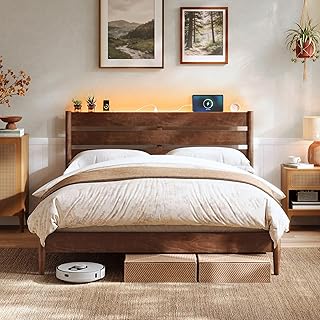 SONGMICS Home Queen Bed Frame with Headboard, LED Lights & Charging Station, Solid Wood Legs and Slats, Mid-Century Modern Platform Bed, No Box Spring Needed, Coffee Brown URMB411K02V1