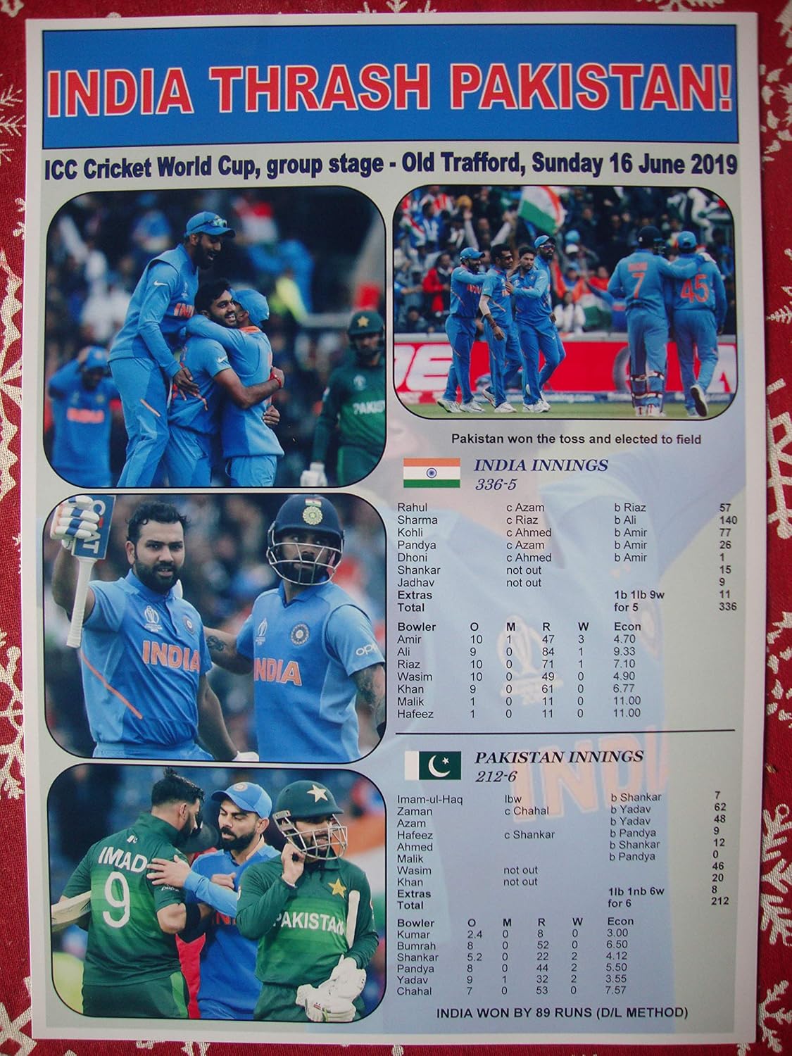 India Beat Pakistan - 2019 ICC Cricket World Cup - Souvenir Print