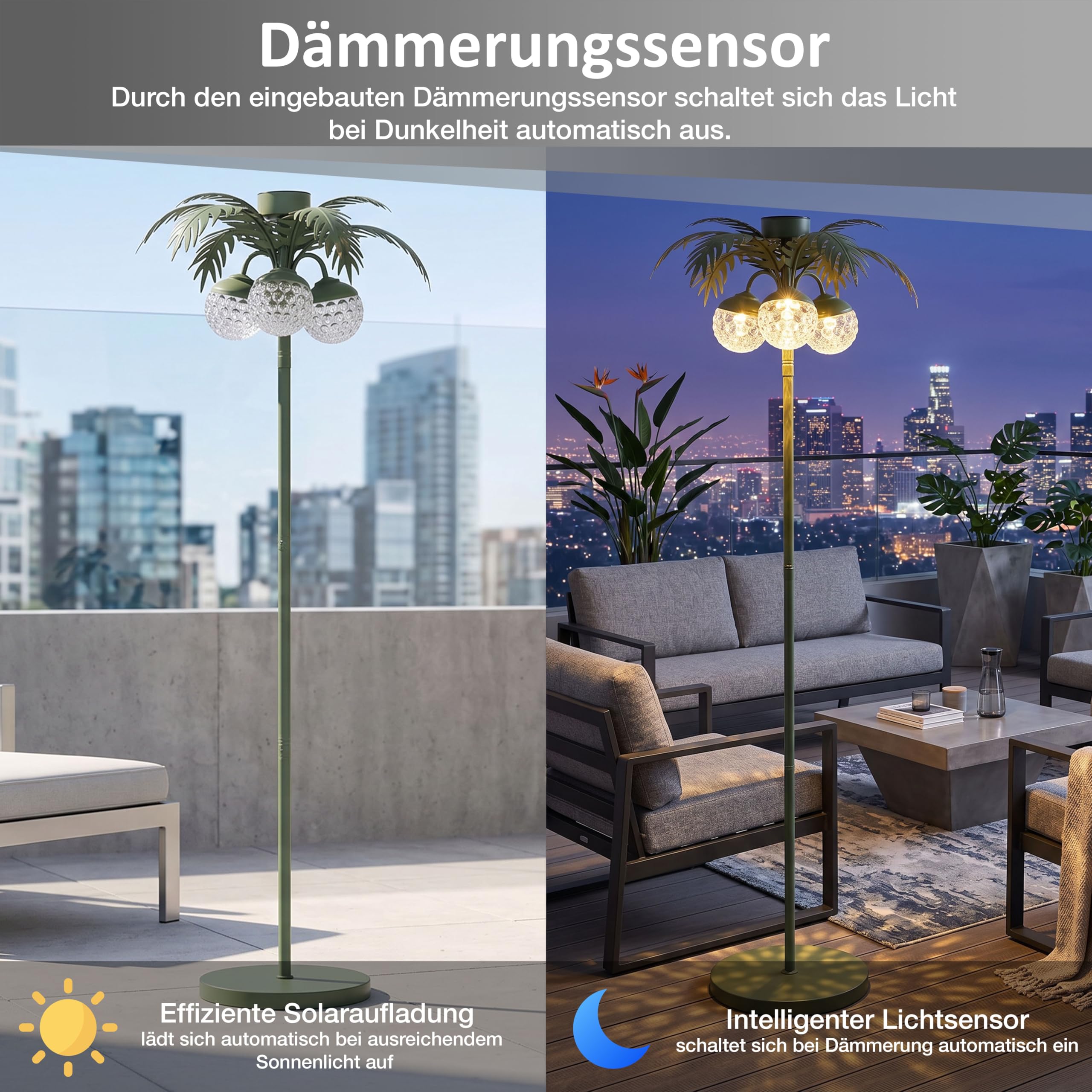 LED Solar Palme Stehleuchte Outdoor LED Gartenlampe mit Dämmerungssensor warmweiß 3000K IP44 wetterfest Balkon Terrasse Garten Solarleuchte mit Akku Metall