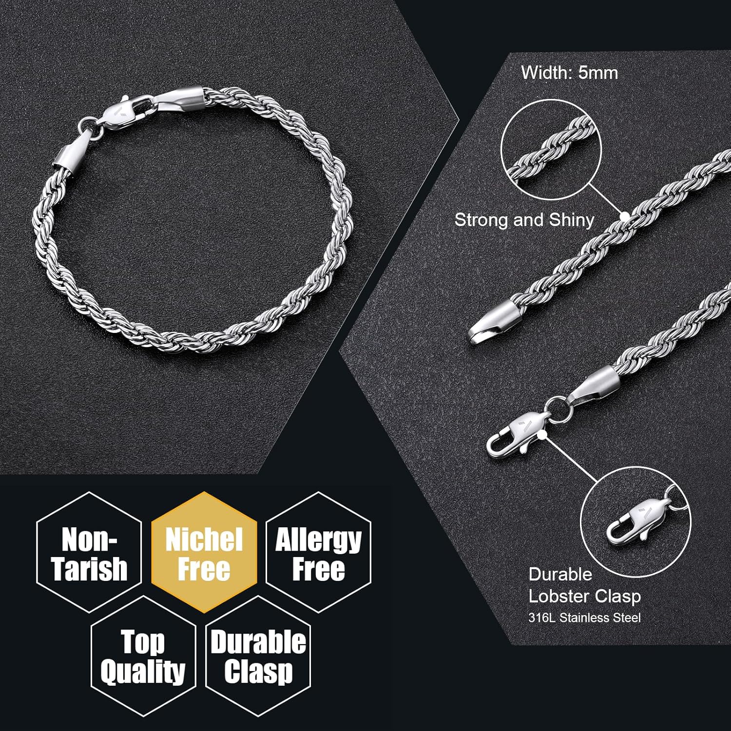 VEXXS Rope Chain Bracelet for Men, 18K Real Gold Plated Men's Rope Link Bracelet, Durable No Color Fading Cuban Link Bracelet 5mm Men’s Gold Bracelet