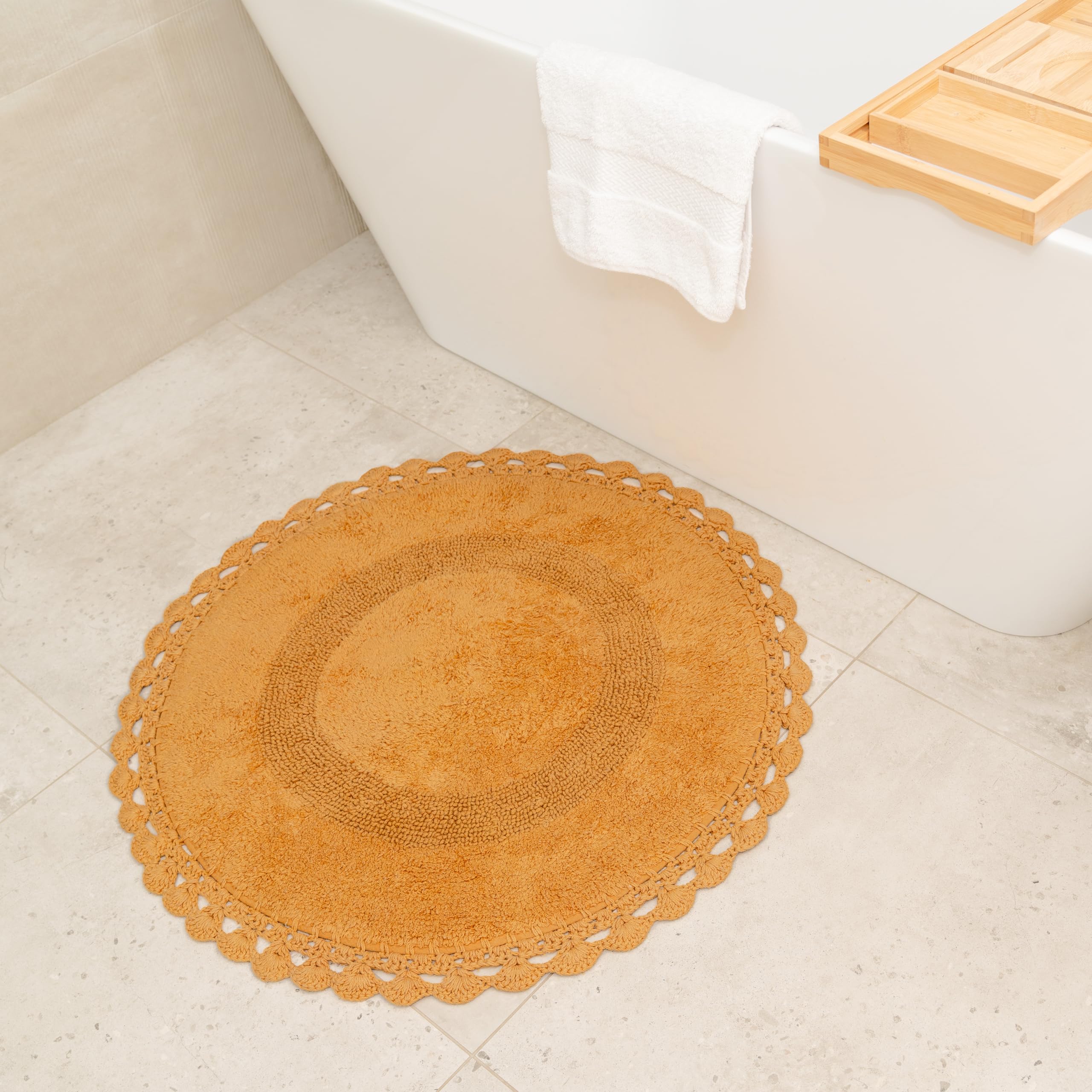 BIEN BEAU Unique Round Boho Bath Mat with Crochet Contour - 100% Cotton Bathroom Rugs -Reversible - Decorative Non-Slip Bohemian Rug for Bath and Bedroom - Cute Boho Decor - Yellow Mustard 30"