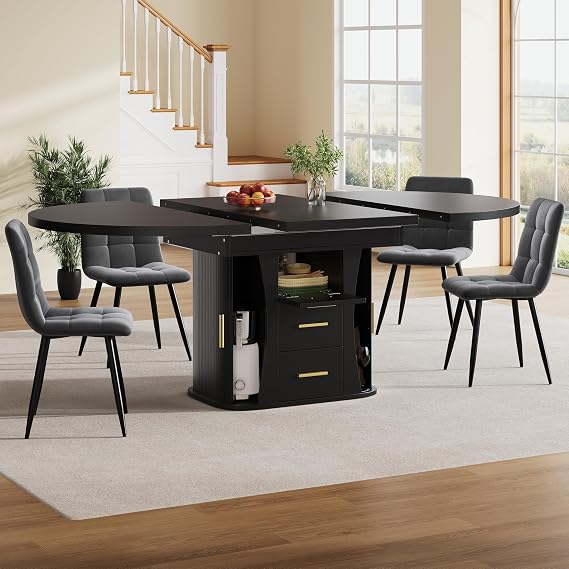 Extendable Dining Table 118–158 cm, Round to Oval Dining Room Table for 4–6 People, Kitchen Table with 3-Tier Storage, Space Saving Wooden Dining Table for Dining Room & Kitchen, Black
