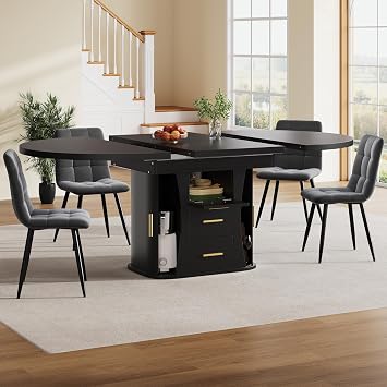Extendable Dining Table 118–158 cm, Round to Oval Dining Room Table for 4–6 People, Kitchen Table with 3-Tier Storage, Space Saving Wooden Dining Table for Dining Room & Kitchen, Black