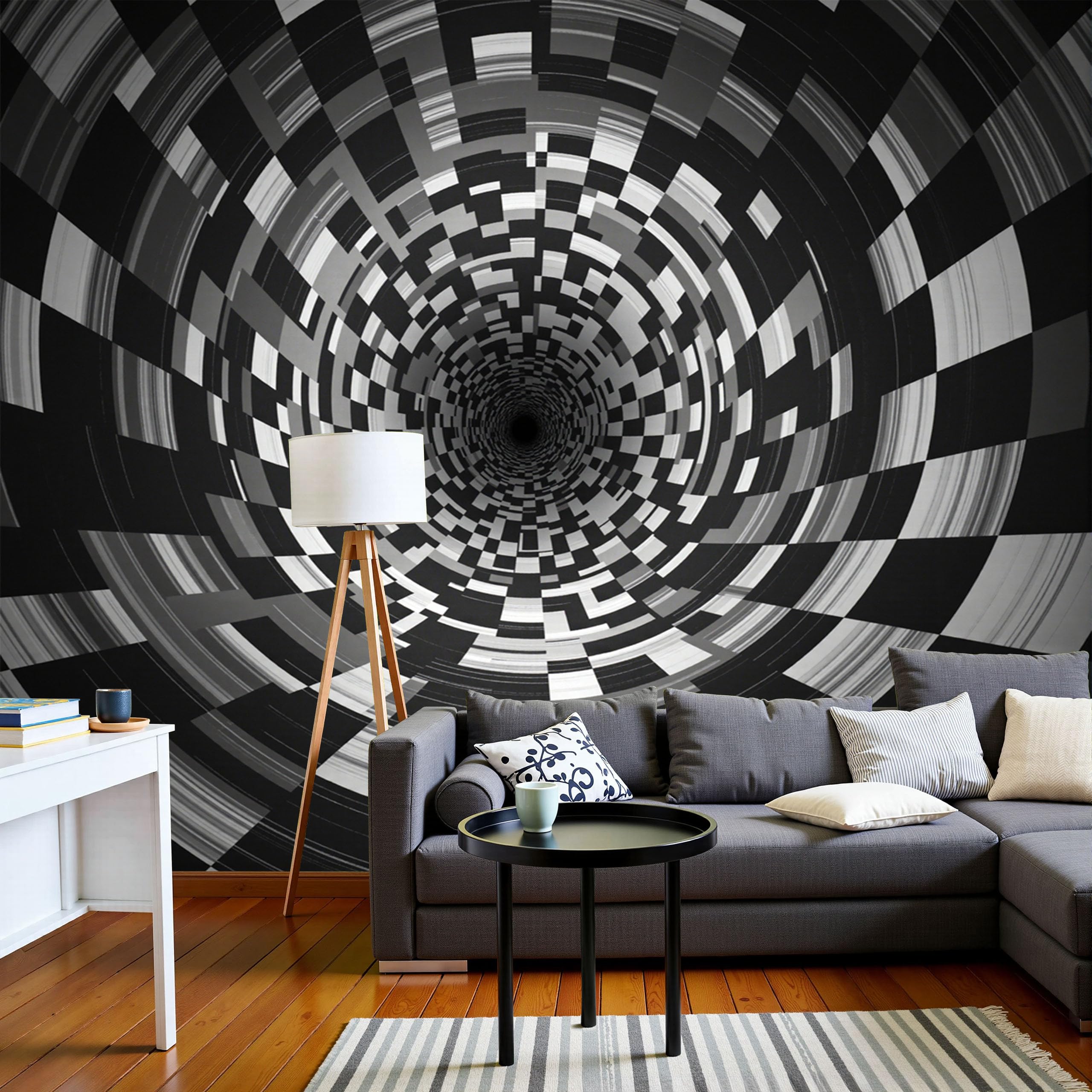 Papier peint 3D à damier noir pour masquer les défauts et agrandir le salon