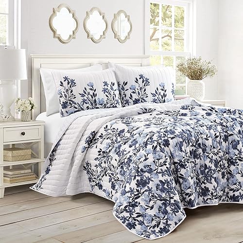 Miniatura 2 de Lush Decor Tanisha - Juego de edredón floral reversible, juego de 5 piezas, King, azul marino y blanco, elegante juego de ropa de cama floral,