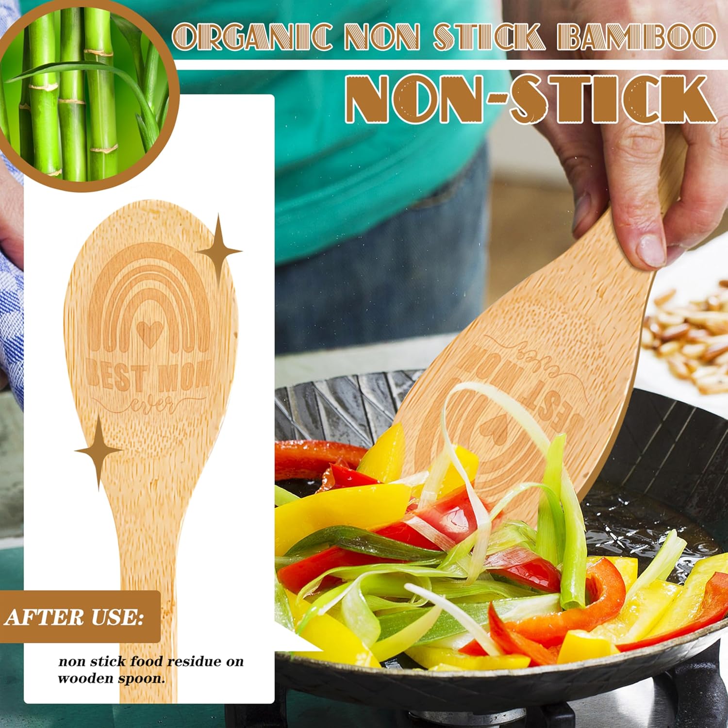 Mother's Day Wooden Spoons for Cooking, Bamboo Nonstick 12" Kitchen Utensils, 2-Piece (Best Mom Ever) image 3