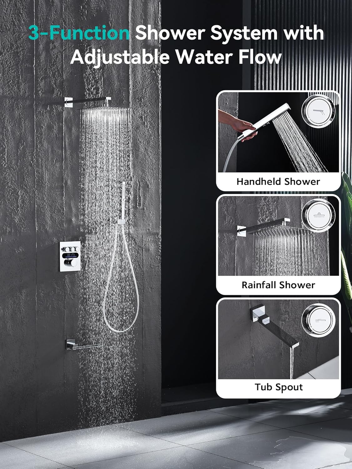 Lefton Shower System in Fahrenheit Display (Battery-free), 10” Overhead Shower Head with All-in-one Handheld Spray Showerhead and Bathtub Faucet, 4-in-1 Control System, SSWM2502 (Chrome)