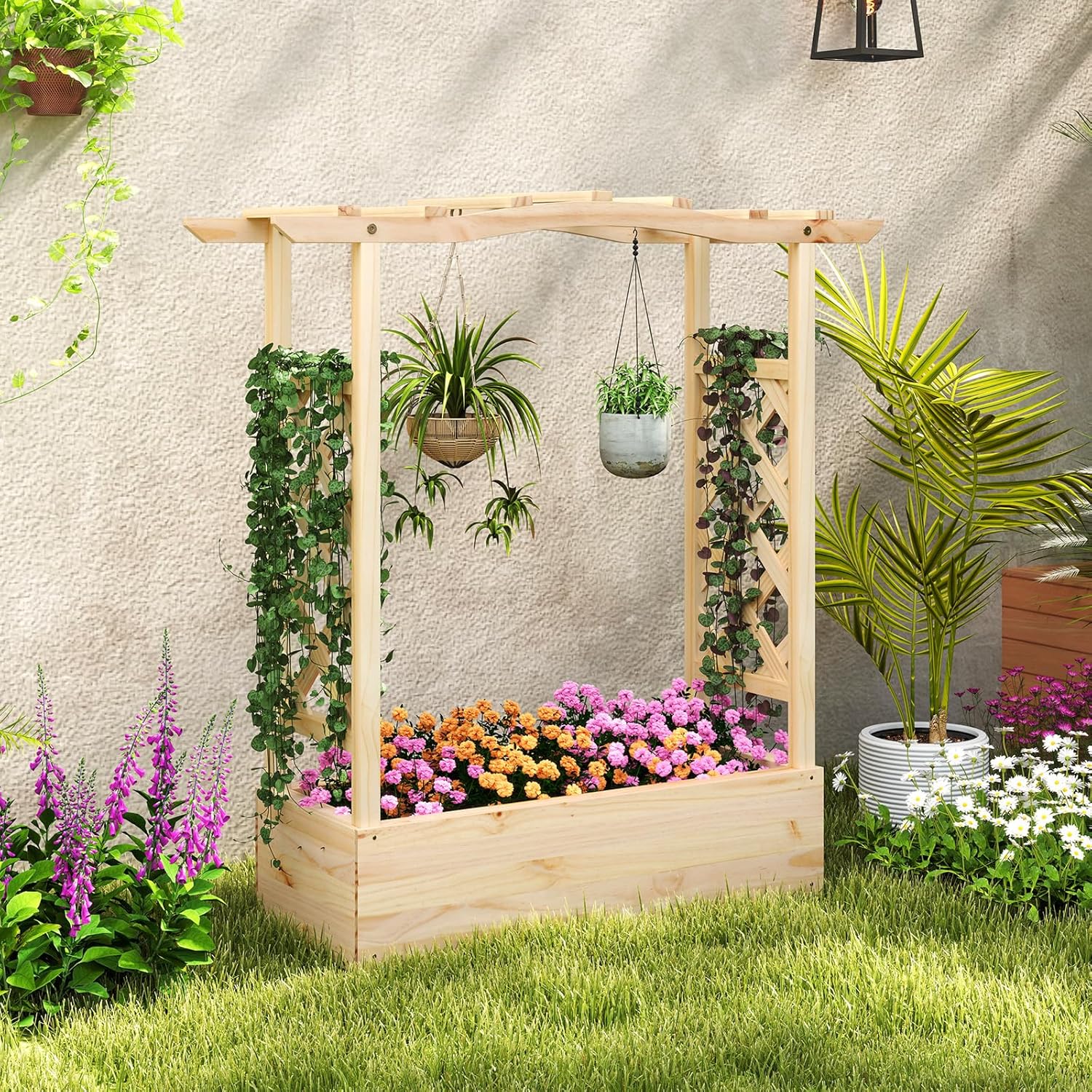 HAPPYGRILL Raised Garden Bed with Trellis, Wood Planter Box w/Hanging Roof, Drainage System, Elevated Garden Box for Climbing Vine, Outdoor Planter w/Trellis for Patio Balcony, 44" x 14" x 45"