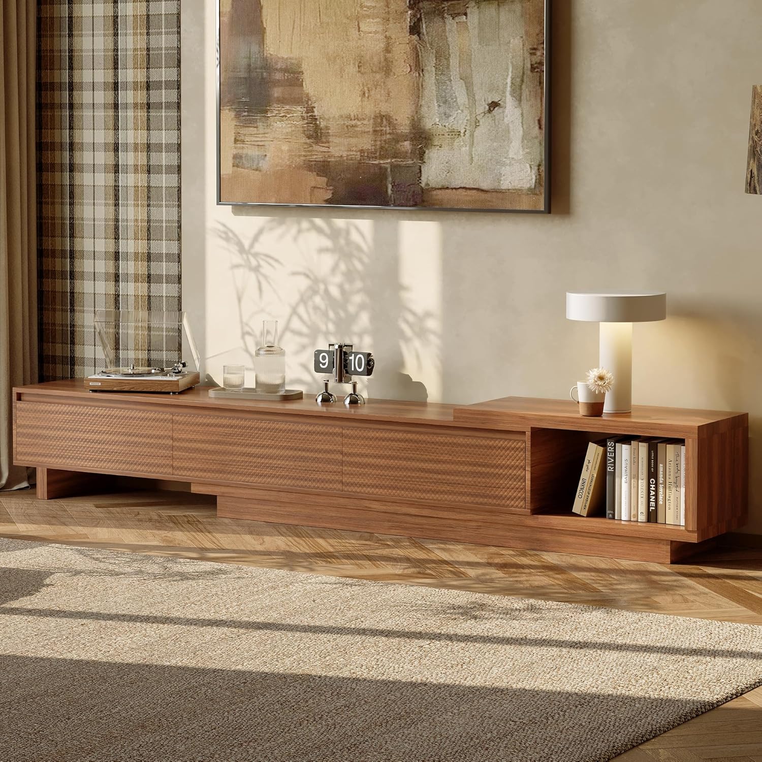 Extendable Mid Century Modern Walnut TV Stand for 80+ Inch TVs, 78.7"-103.1" Adjustable Media Console with Crosshatch Textured Drawers, Large Storage Entertainment Center for Living Room