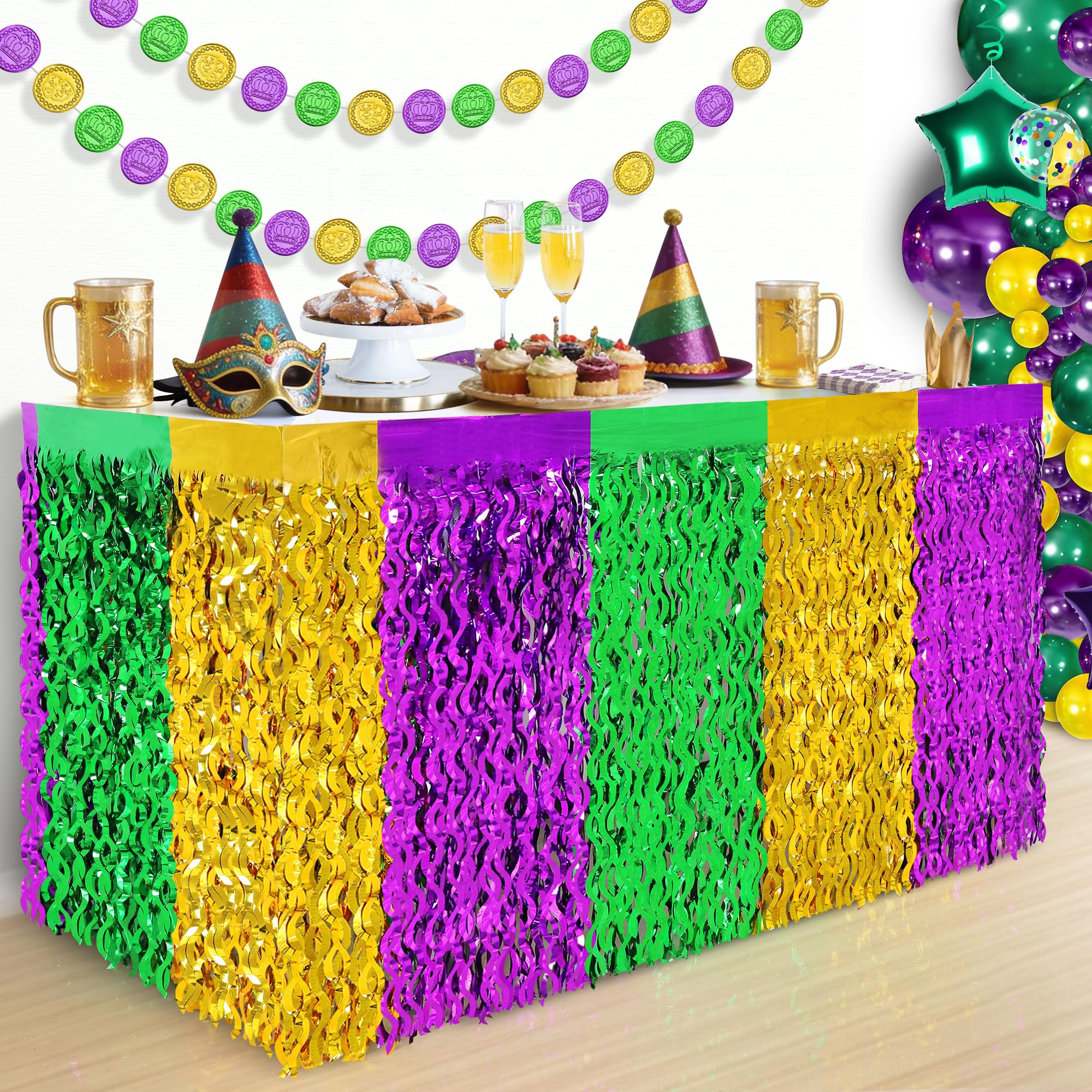 Mardi Gras Decorations, 2 Pack Metallic Tinsel Foil Fringe Table Skirts