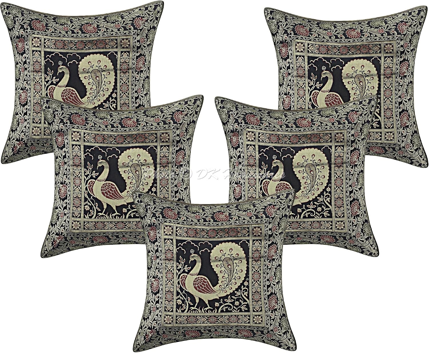 Square Throw Pillowcases 16x16 Inch Decorative Brcocade Jacquard Weave Ethnic Peacock Cushion Covers (Size - 40x40 cm ; Color: Black & Gold) - Set of 5 Pcs (Cover Only)