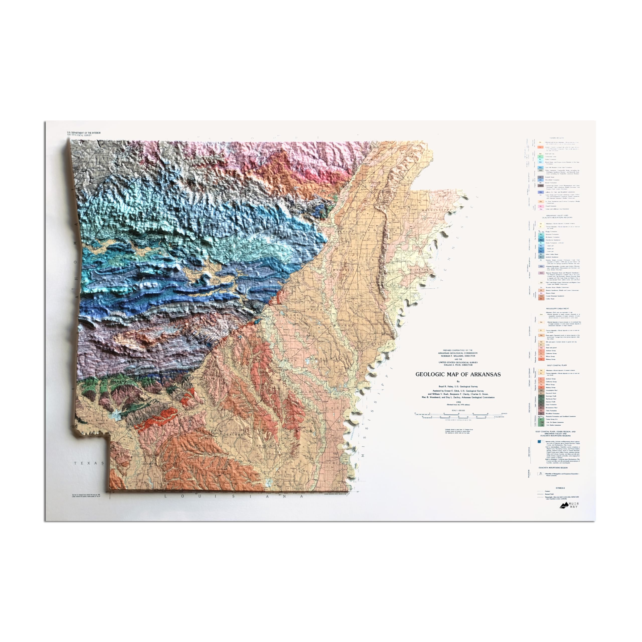 Muir Way Raised Relief Map of Arkansas 1993 - True 3D Topographic Wall Map with Molded Terrain - Unframed, 30x22
