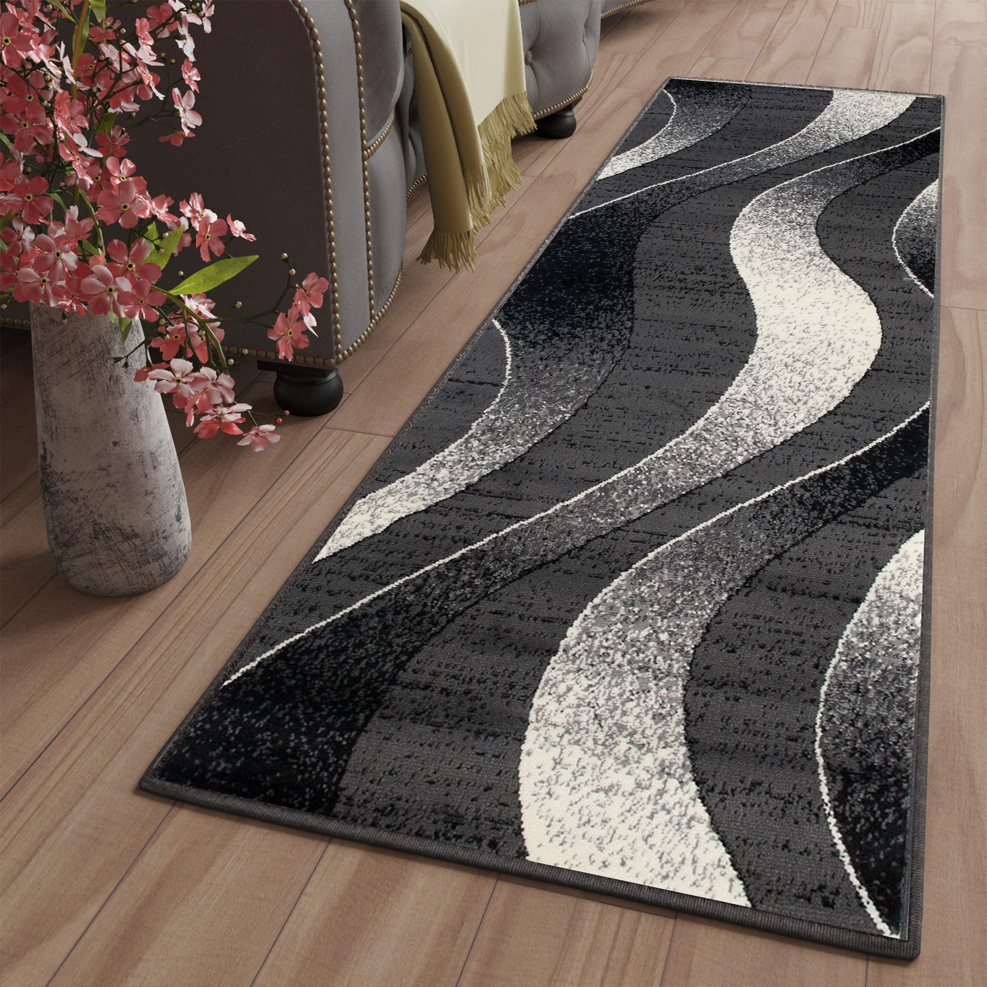 TAPISO Dream Teppich Läufer Flur Brücke Modern Streifen Wellen Streifen Muster in Dunkelgrau Creme Schwarz Korridor Wohnzimmer ÖKOTEX 80 x 520 cm