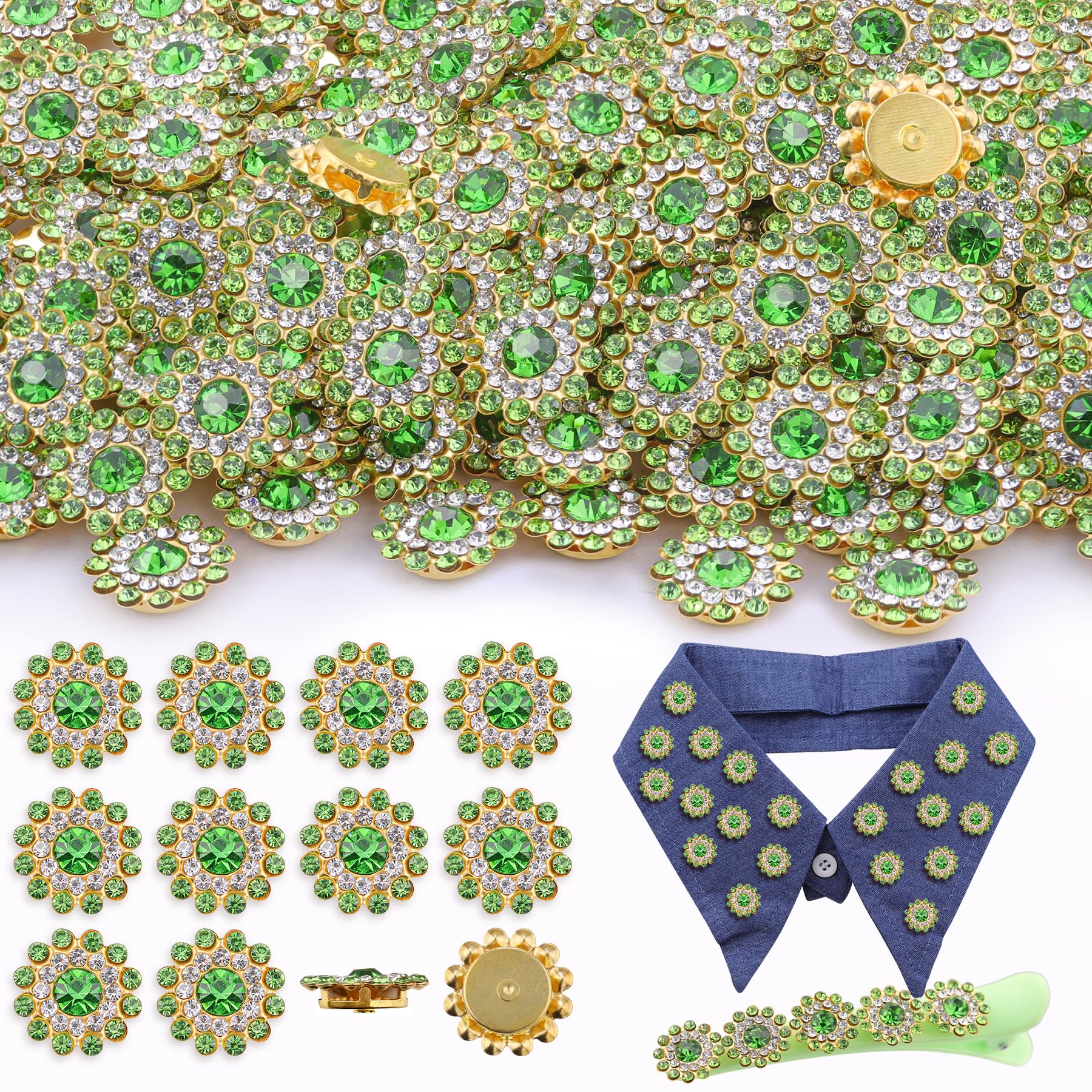 Diamantes de imitación para coser de 14 mm en verde claro con base de metal para costura