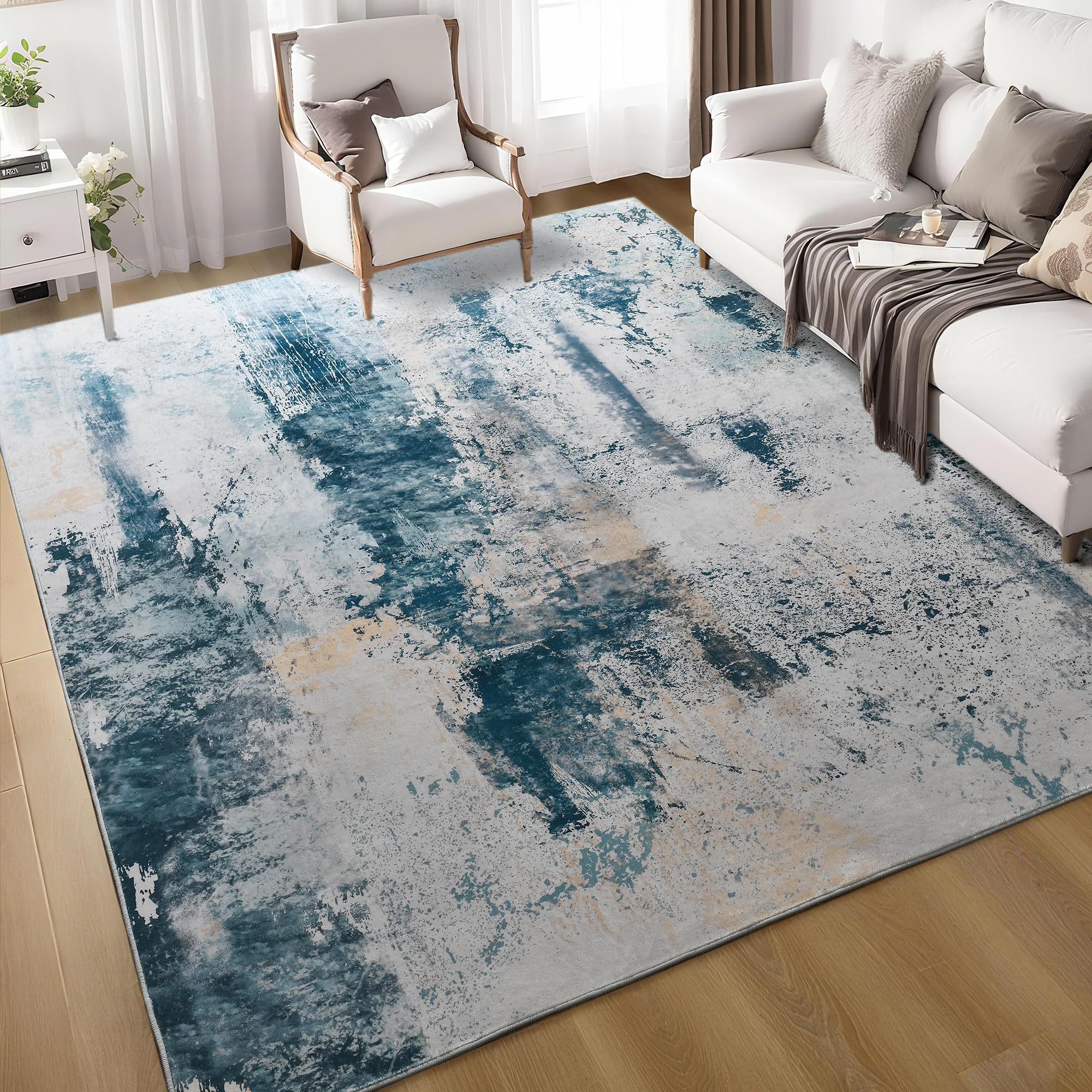 Living Room Rug 7x10 Aqua Blue Area Rugs Machine Washable Abstract Boho Large Rug Non-Slip Non-Shedding Faux Wool Indoor Vintage Carpet for Bedroom, Classroom, Dining Room, Kids Playroom — image 1