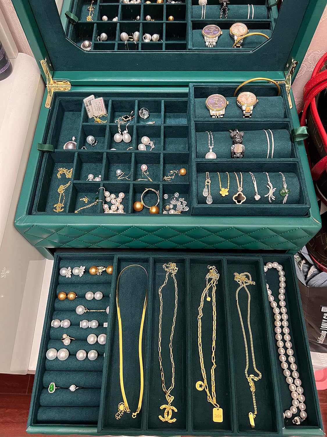 SANSREPONSE ジュエリーボックス 木製 大容量 鍵 ミラー 引き出し付き