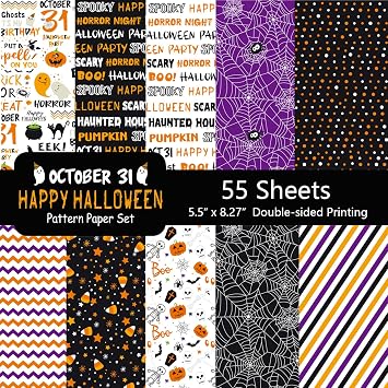 Morcheiong 55 Sheets Halloween Pattern Paper Decorative Paper Double-Sided for Card Making Scrapbook Photo Album Decor, 10 Designs Purple, 5.5*8.27 inches
