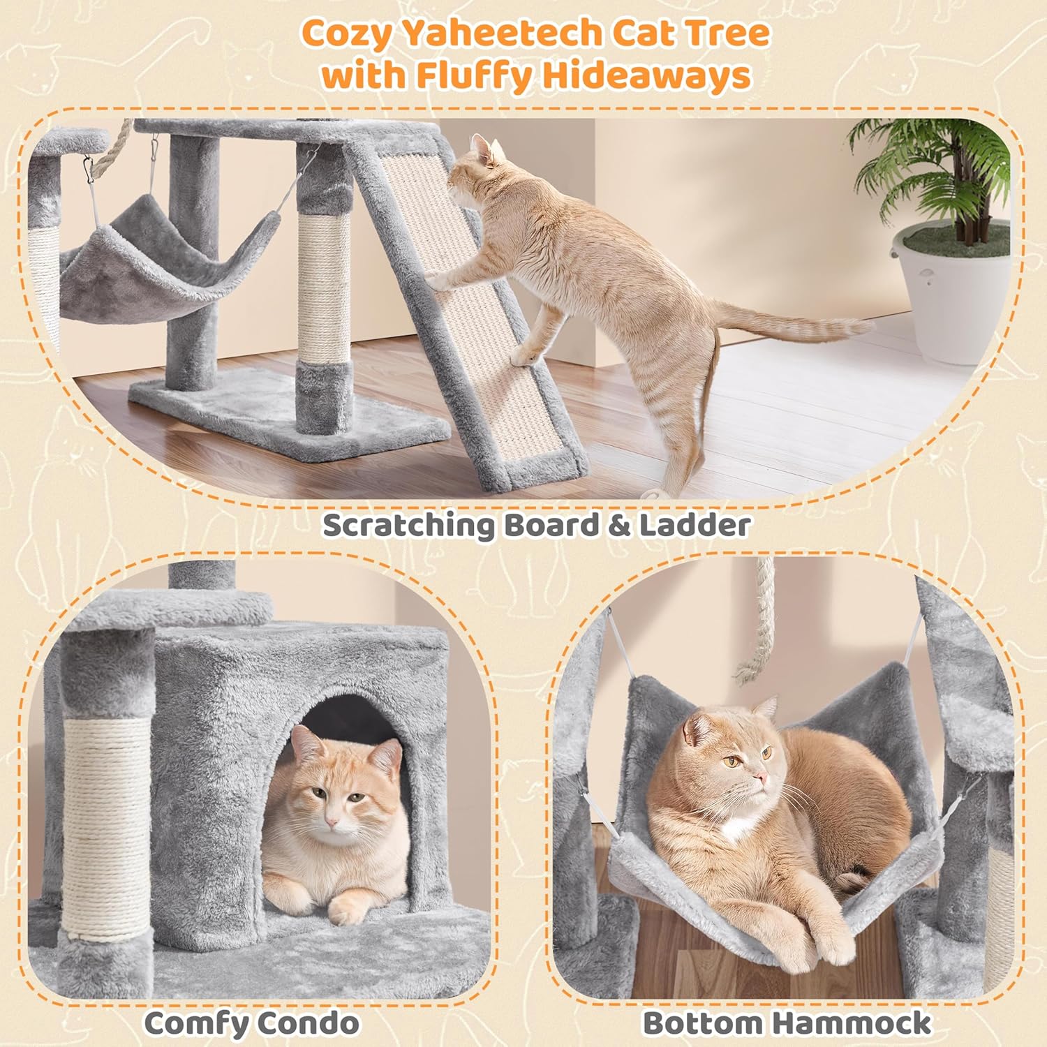Close-up images showing the scratching board and ladder, a comfy condo with a cat inside, and a bottom hammock with a cat resting.