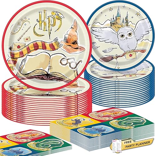 Unique Paquete de vajilla de Harry Potter para 16 invitados, servilletas de almuerzo, postre y platos de cena, tema de libro de magos de Hogwarts -